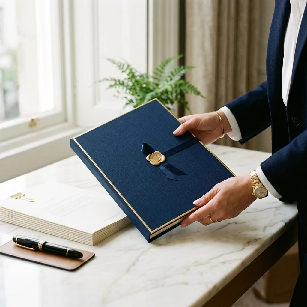 Navy document folder and printed packet on a clean desk