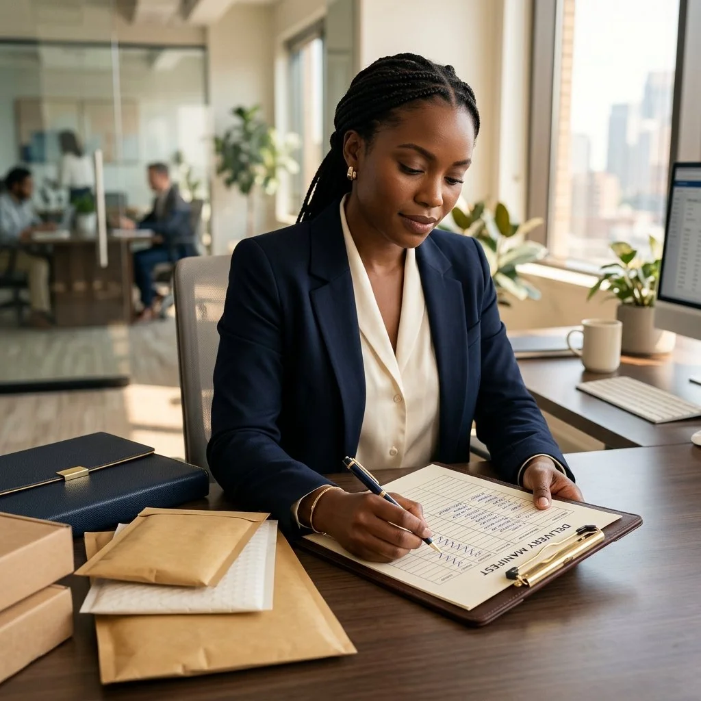 Professional reviewing a document delivery manifest at a desk