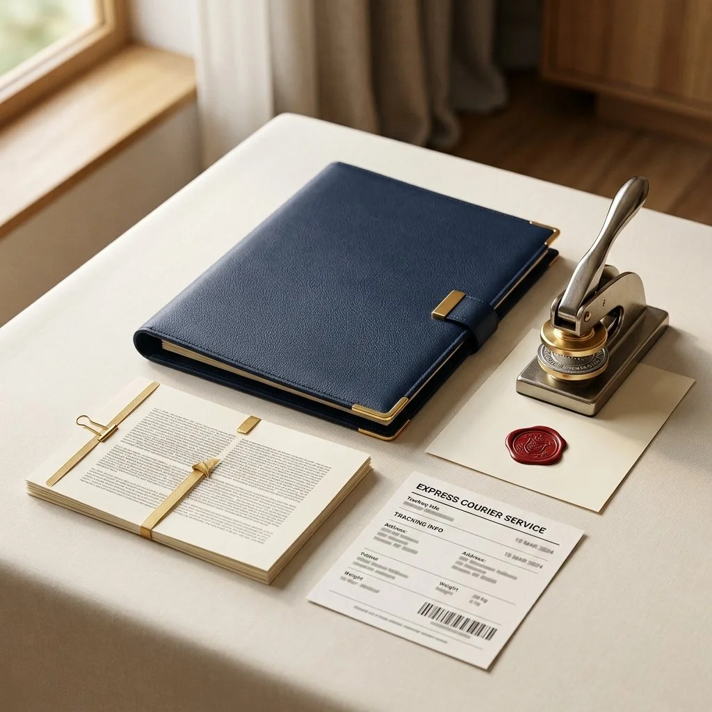 Document folder, notary seal, and delivery slip together