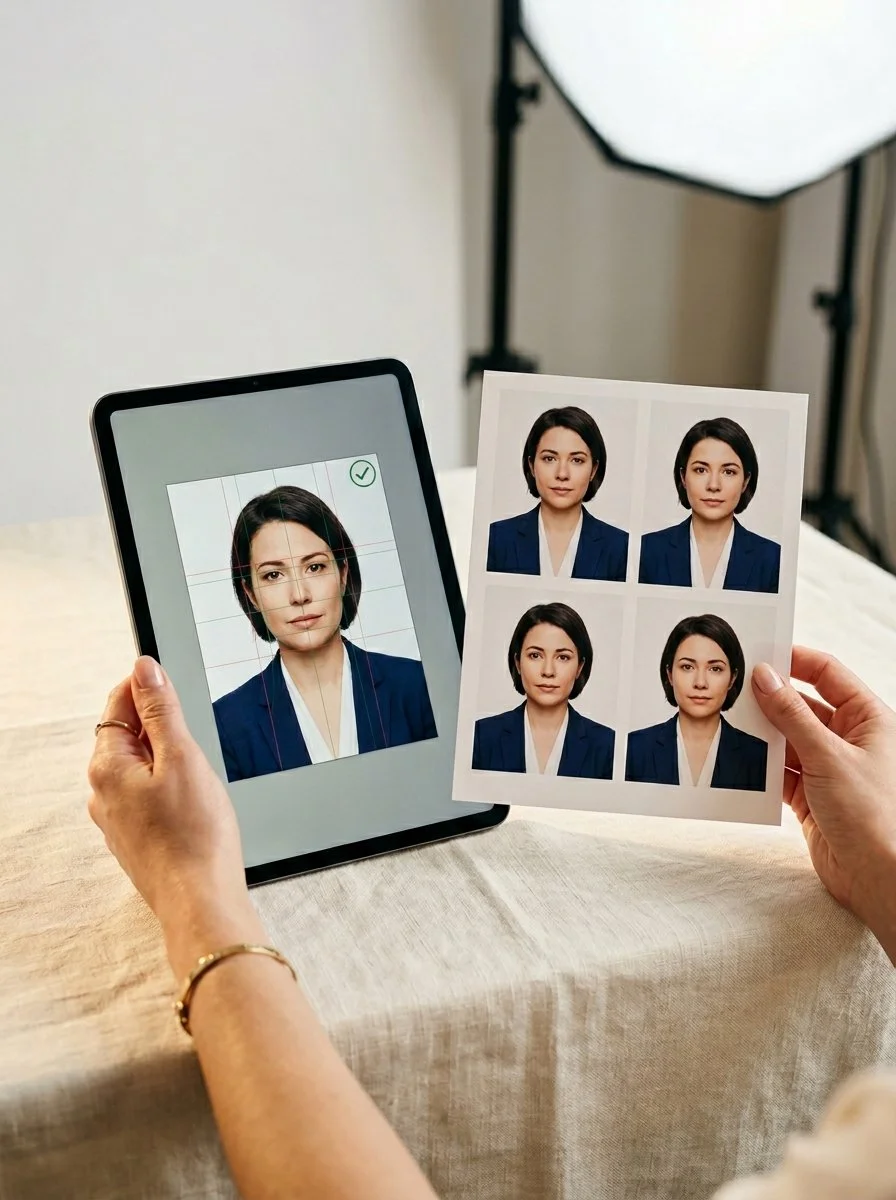 Woman holding her mobile headshot photos