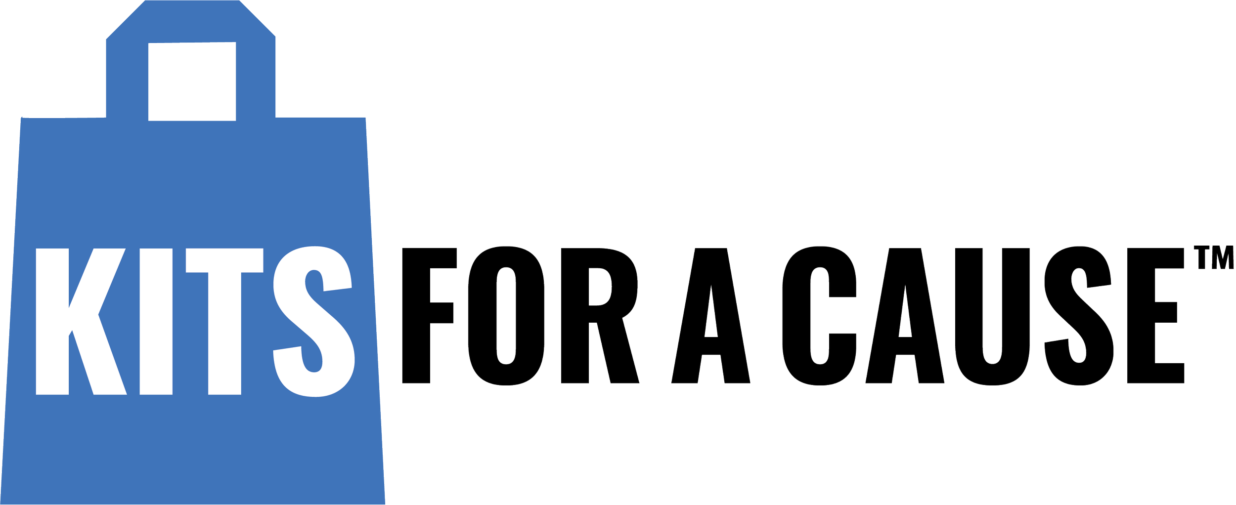 Kits for a Cause logo with a blue shopping bag and text in white and black