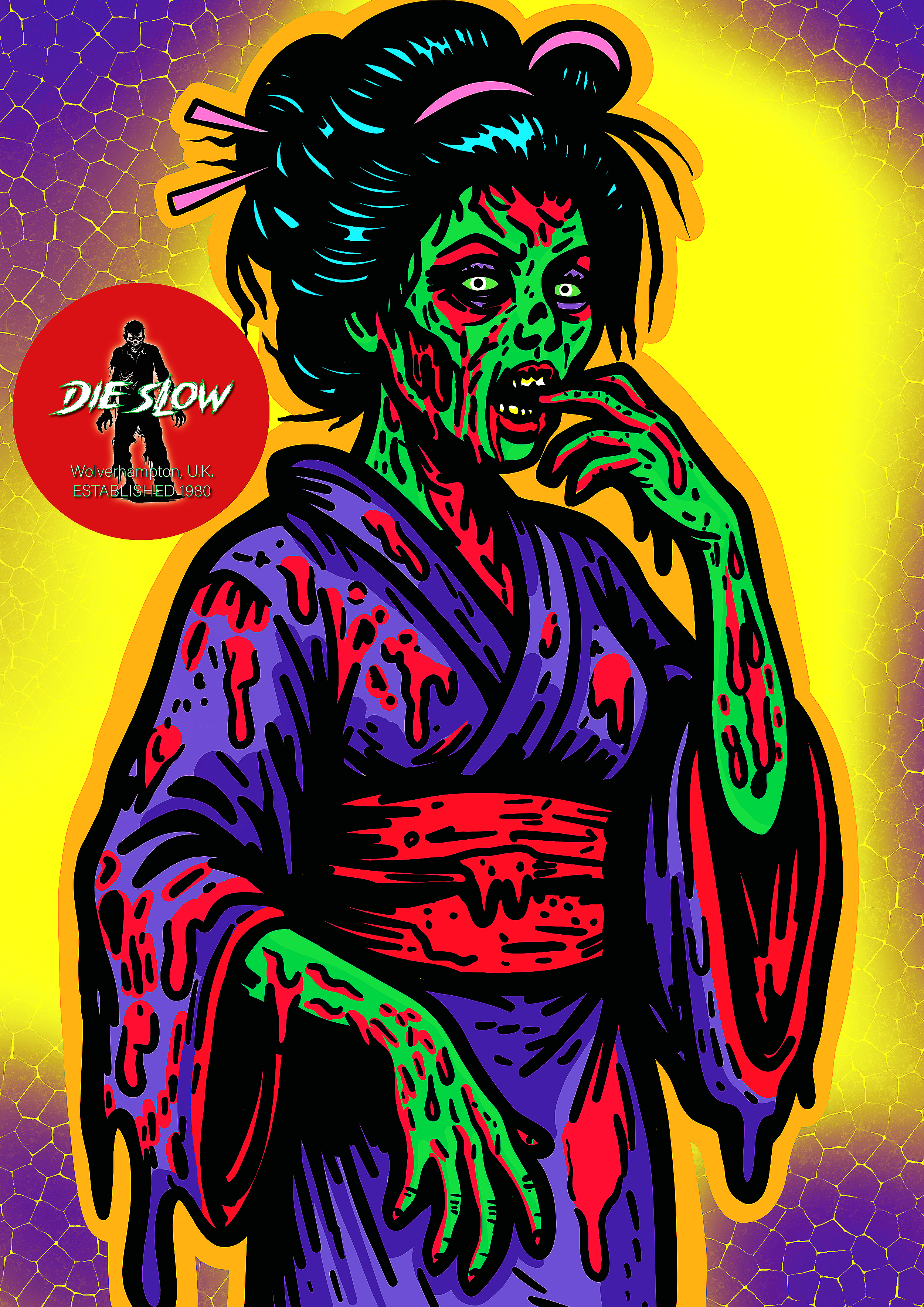 A colorful, comic-style illustration of a zombie woman with green skin and bloodstains, wearing a purple kimono, against a yellow and purple patterned background.