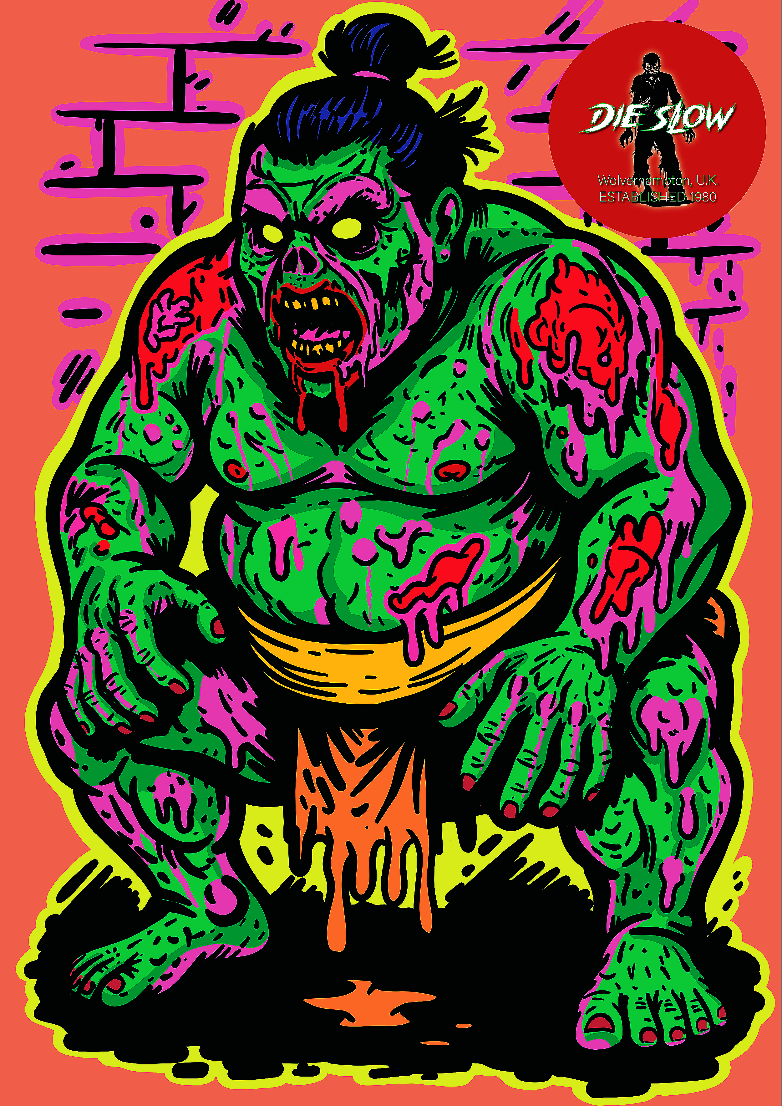 A colorful, cartoon-style portrayal of a zombie with green skin, purple and pink wounds, yellow eyes, and an aggressive expression. The zombie has a man bun hairstyle, a yellow belt, and is dripping with fluids. In the background, there is a red circ