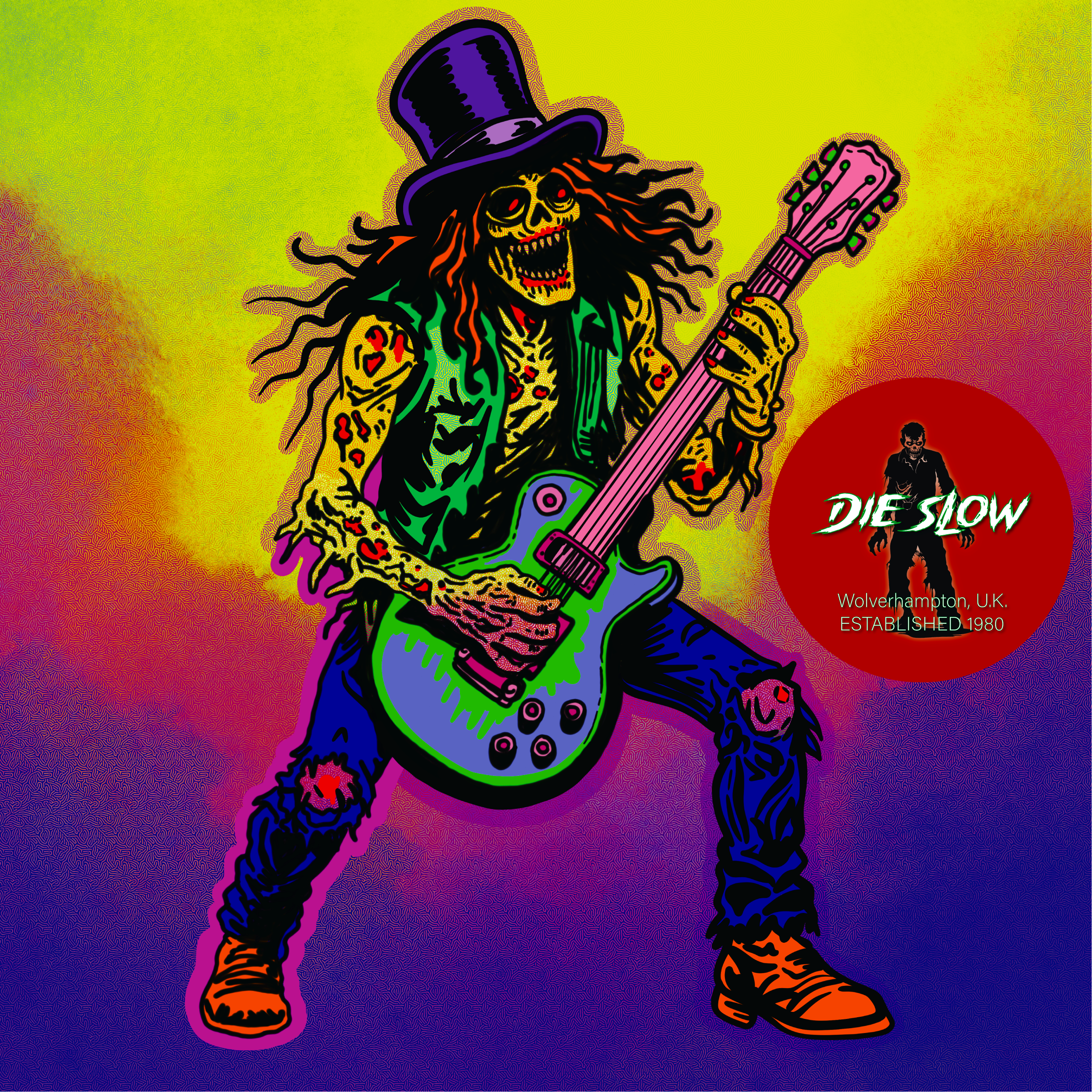 A cartoon zombie skeleton with long, tattered hair, wearing a top hat, playing an electric guitar. The background features a vibrant, colorful gradient with a circular logo on the right that has a person silhouette and text reading 'DIE SLOW, Wolverh