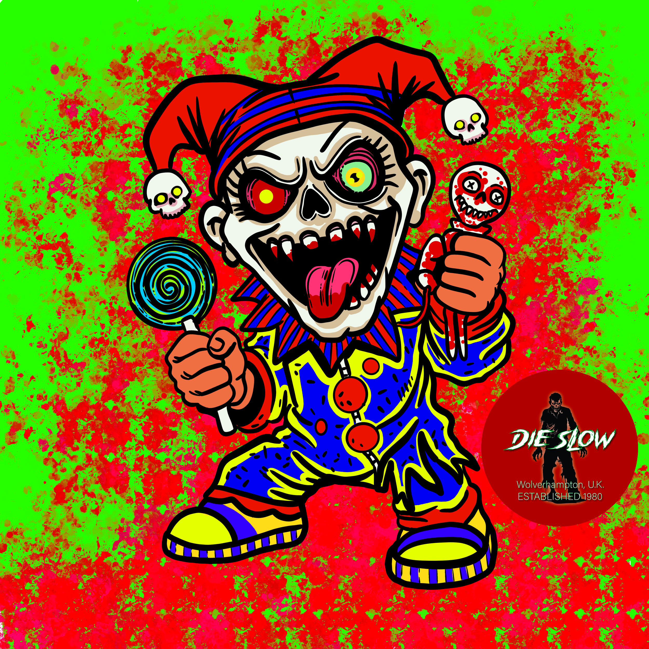 A cartoon clown with a skull face, one glowing red eye, and the tongue sticking out, wearing a red and blue jester hat with skulls hanging from the tips, a blue suit with yellow and red accents, and yellow shoes, holding a lollipop and a small shoppi