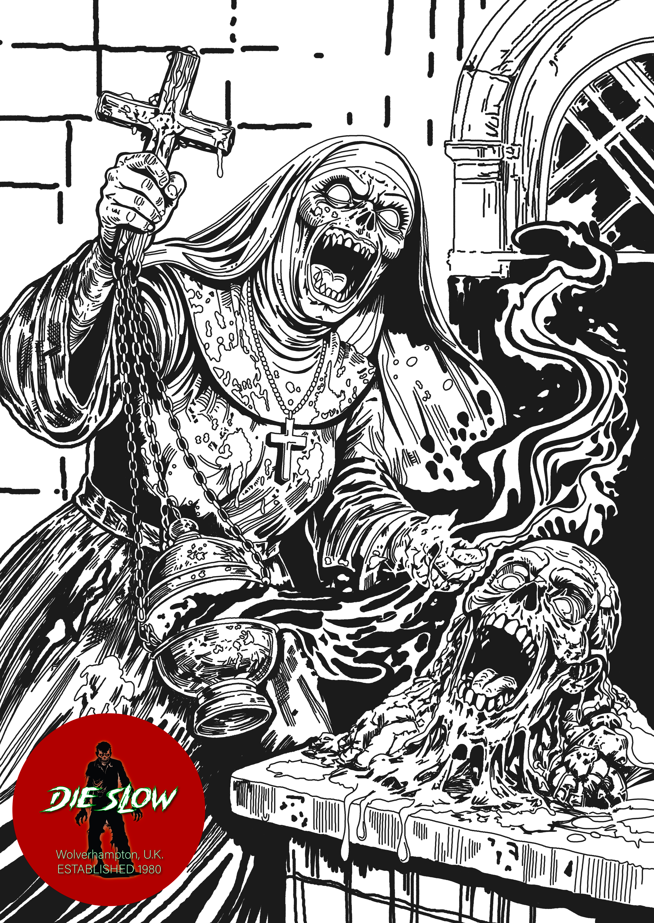 Black and white illustration of a zombie priest holding a crucifix, with a skull and rotting corpse on a table, inside a church.