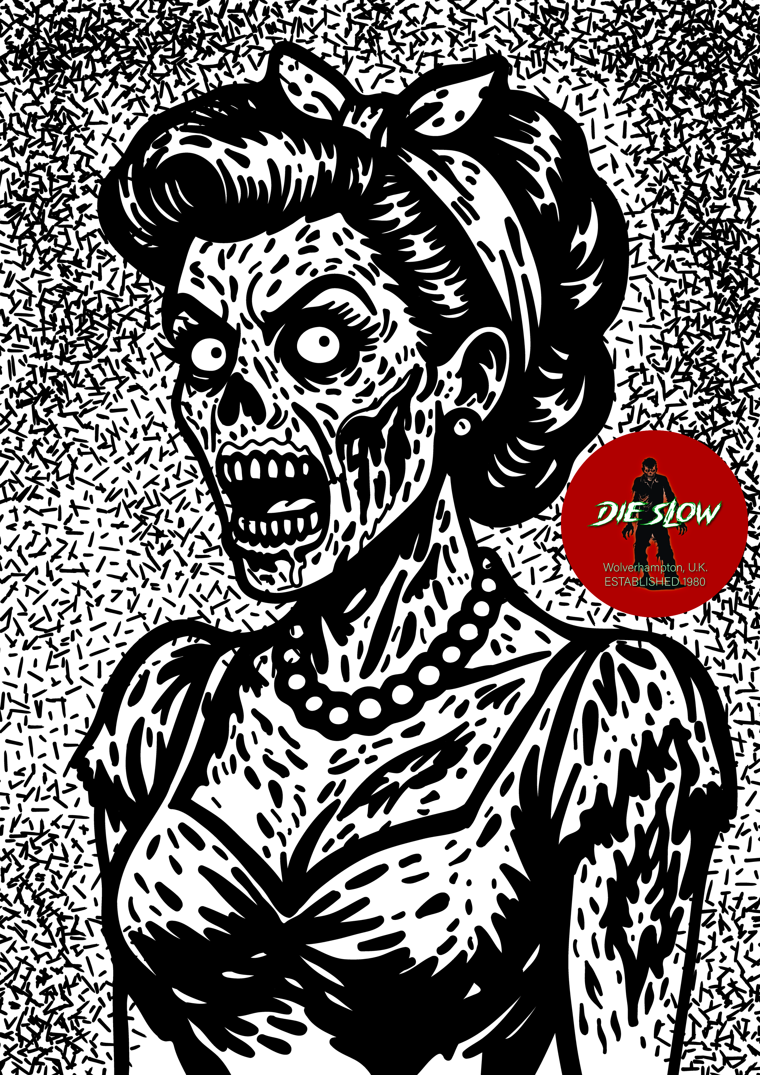 Black and white illustration of a woman with a skull face, styled retro, with a pearl necklace, hair in a vintage hairstyle, and a surprised expression, against a speckled background. There is a red circle with a figure and text reading "DIE SLOW Wol