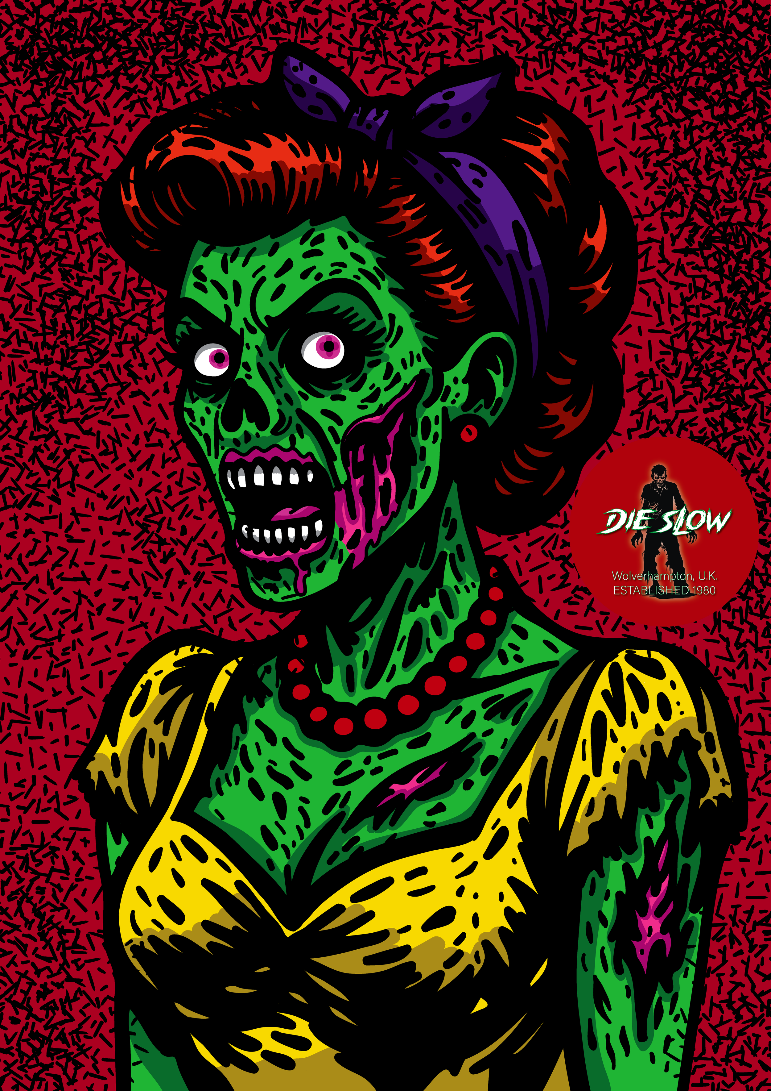 A digital illustration of a zombie woman with green skin, purple eyes, and exposed teeth. She has dark red hair styled with a purple headband, wearing a yellow dress with purple accents, and a red beaded necklace. The background is red with black abs