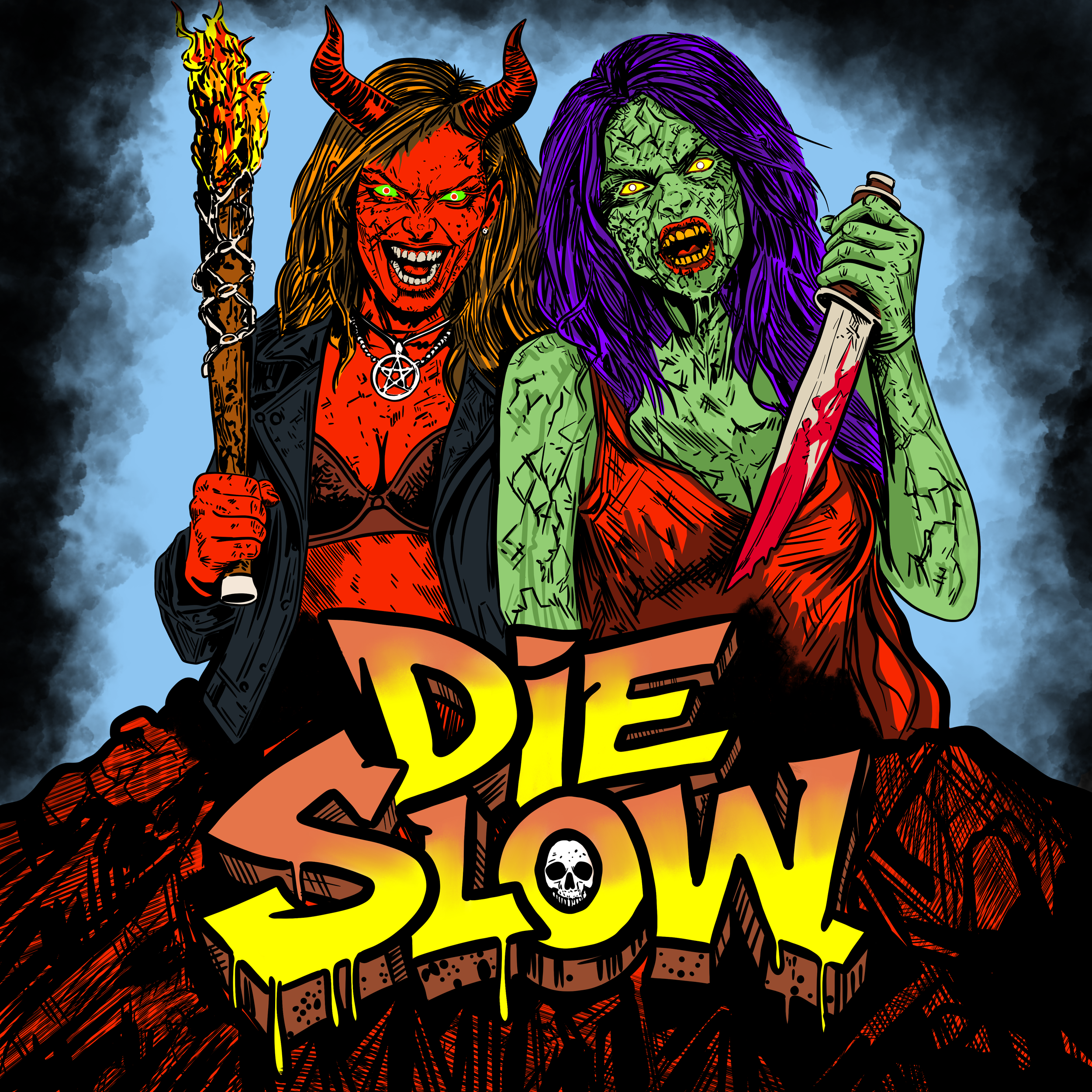 An illustration of two female horror characters with scary features. The character on the left has red skin, horns, green eyes, long brown hair, and holds a flaming torch. She wears a black jacket over a lace top and has a pentagram necklace. The cha