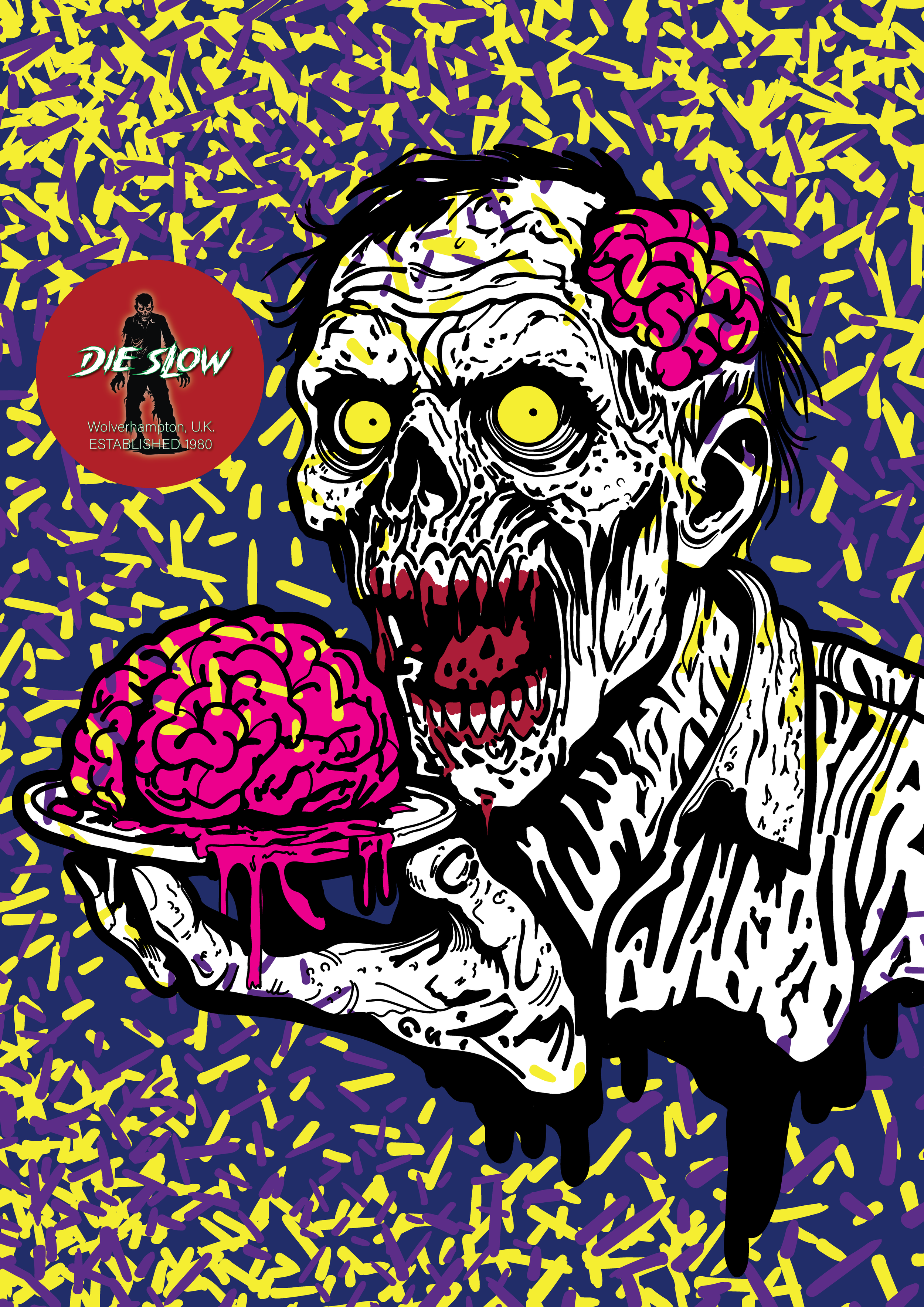 A colorful, cartoonish zombie with exaggerated features, holding a tray with a brain, set against a purple and yellow abstract background, with a red circular logo that says 'DIE SLOW' and some additional text.