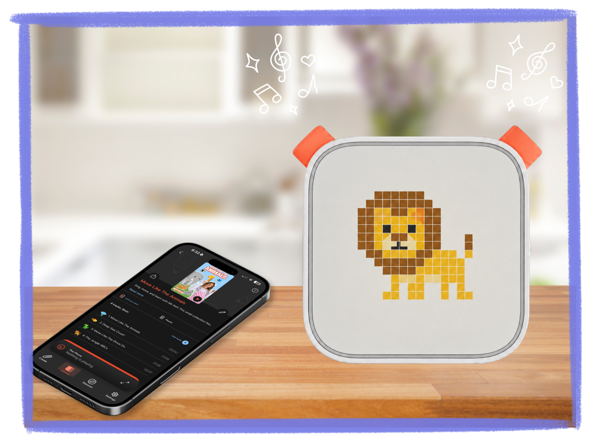 Yoto Mini player beside a smartphone displaying a Ms Ash & Friends kids music playlist.