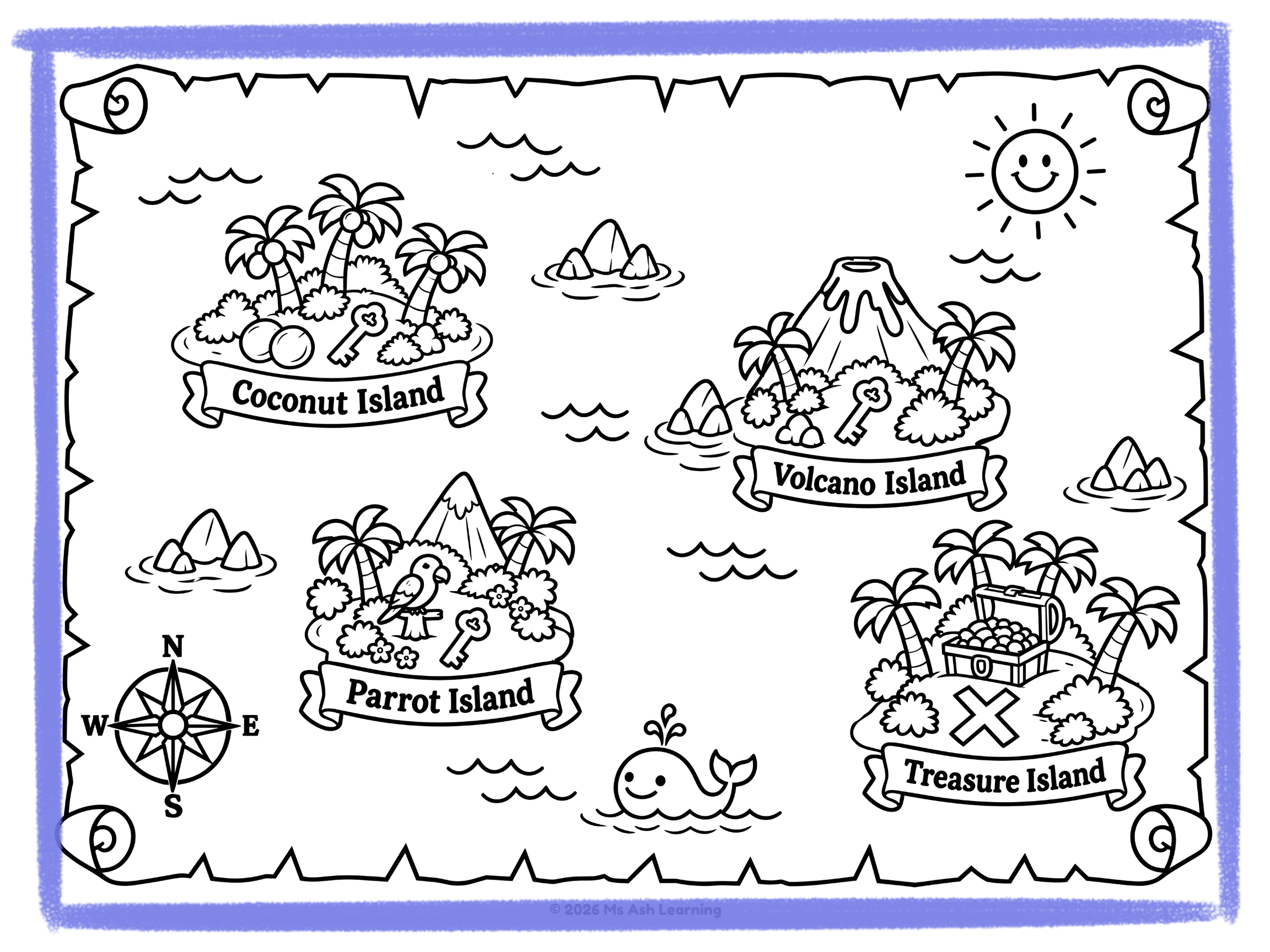 ree Ms Ash coloring page of a fun pirate treasure map.