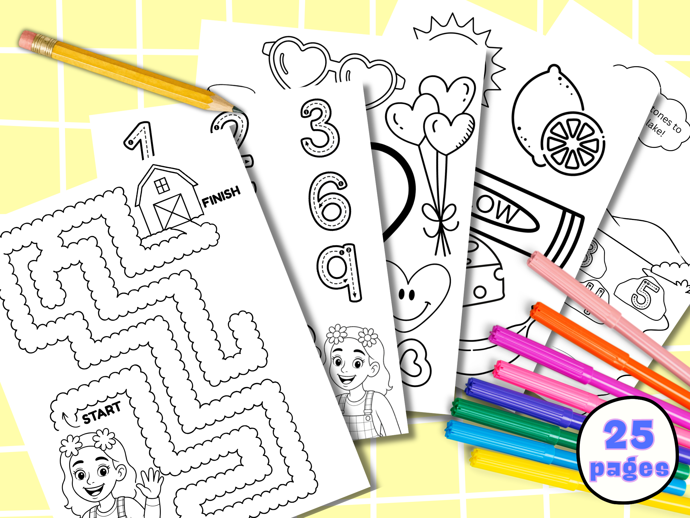 Preview of the free Ms Ash Learning preschool activity pack featuring printable matching, counting, tracing, maze, pattern, shape, and color activities.