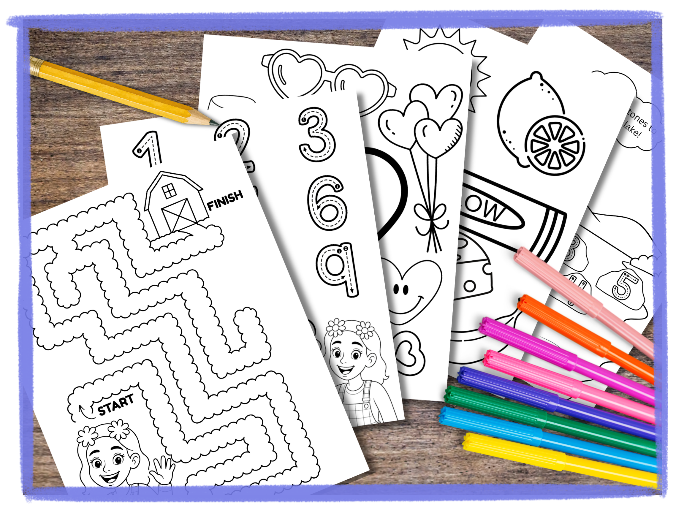 Preview of the free Ms Ash Learning preschool activity pack featuring printable matching, counting, tracing, maze, pattern, shape, and color activities.