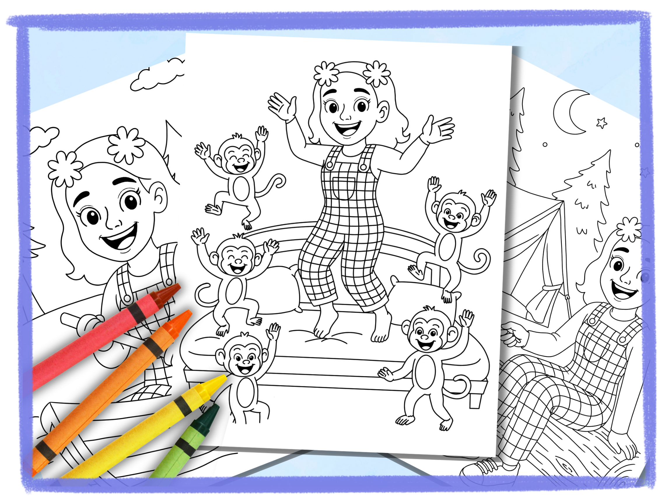 Free Ms Ash coloring pages featuring Ms Ash, monkeys, a row boat, and campfire activities.