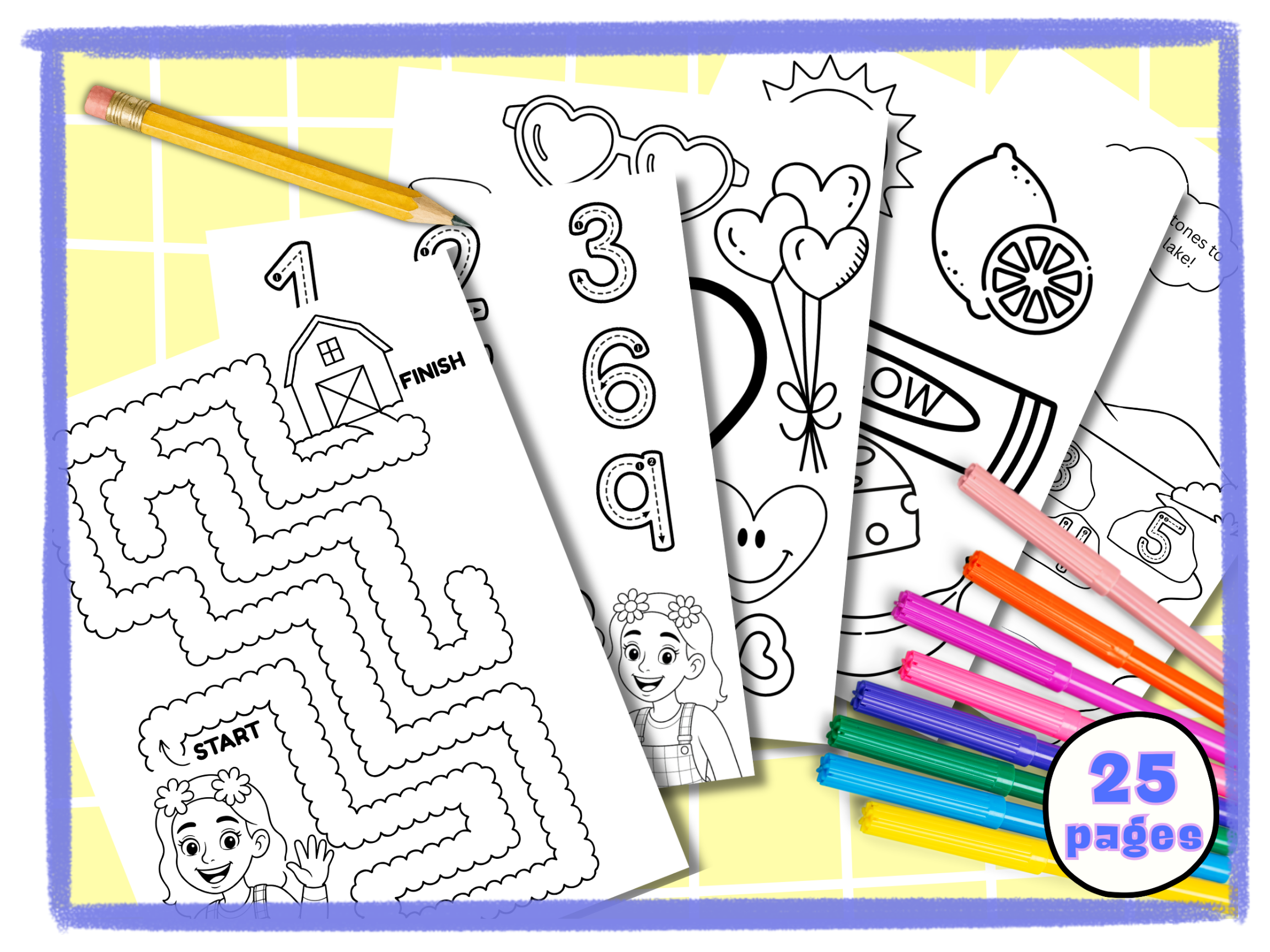 Preview of the free Ms Ash Learning preschool activity pack featuring printable matching, counting, tracing, maze, pattern, shape, and color activities.