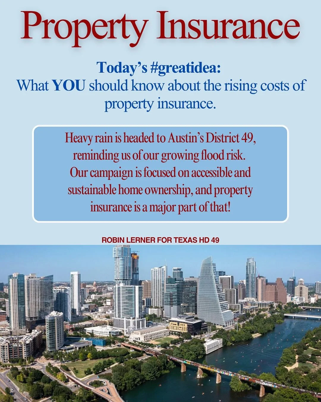 Today&rsquo;s #greatidea is staying in the know about the rising cost of property insurance.

With heavy rain forecasted for District 49 TONIGHT, we must remember our growing flood risk!

Worsening Weather = increased cost on private insurance premiu