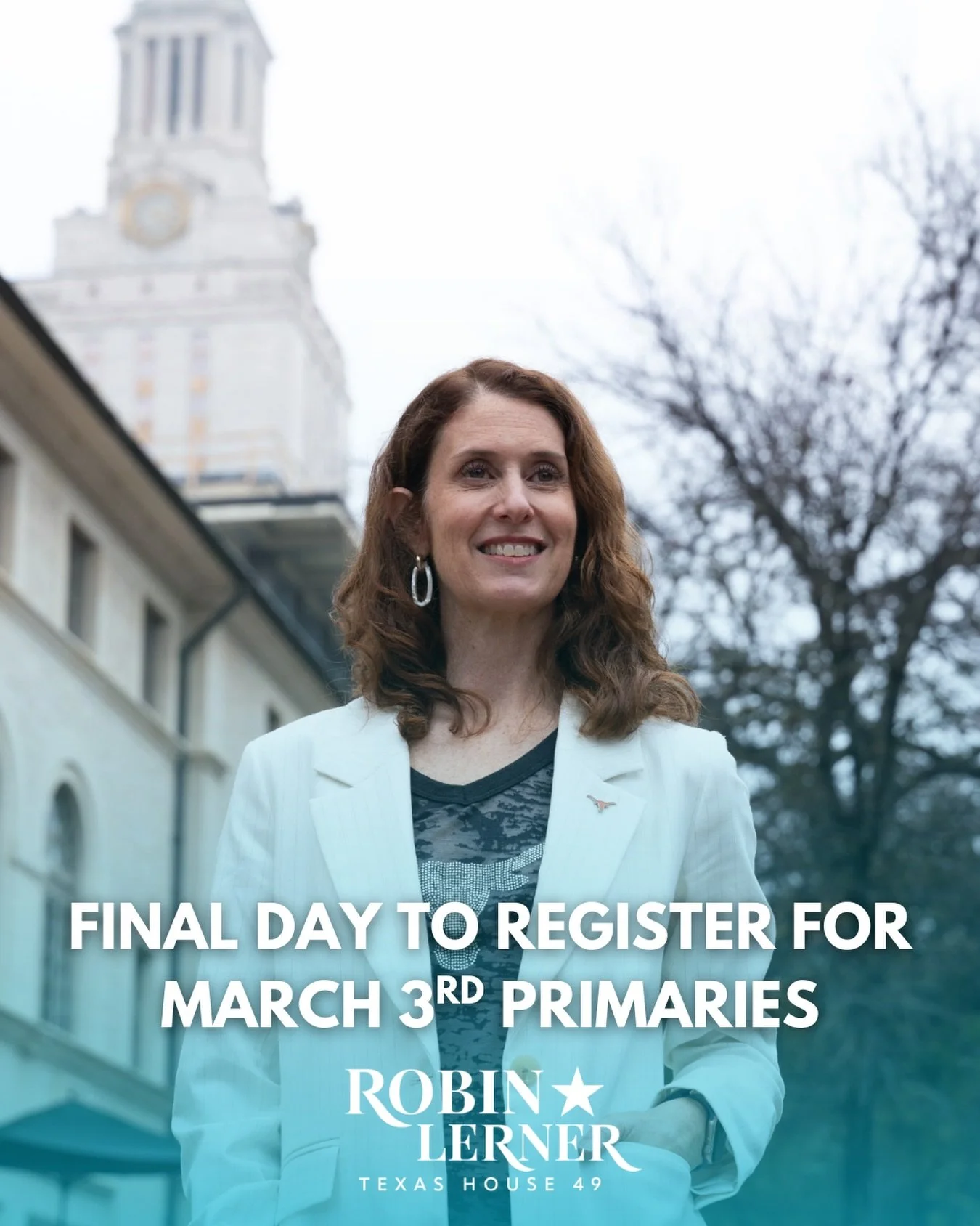 Don&rsquo;t forget today is the FINAL day to register to vote for the March 3rd Primaries! Check your voter registration at votetexas.gov/register-to-vote 

#robin4texas #robinlerner #vote #registertovote texas