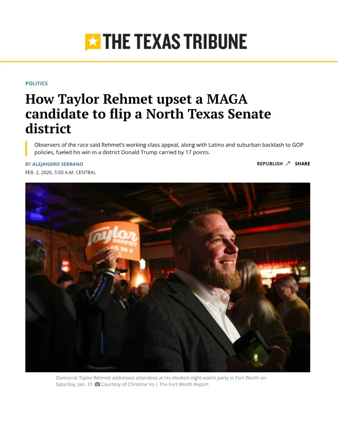 I came across @texas_tribune &lsquo;s article today highlighting Taylor Rehmet&rsquo;s victory in a deep red district this past week! This story is something I just can&rsquo;t get over. People in Texas want change more than ever before and its stori