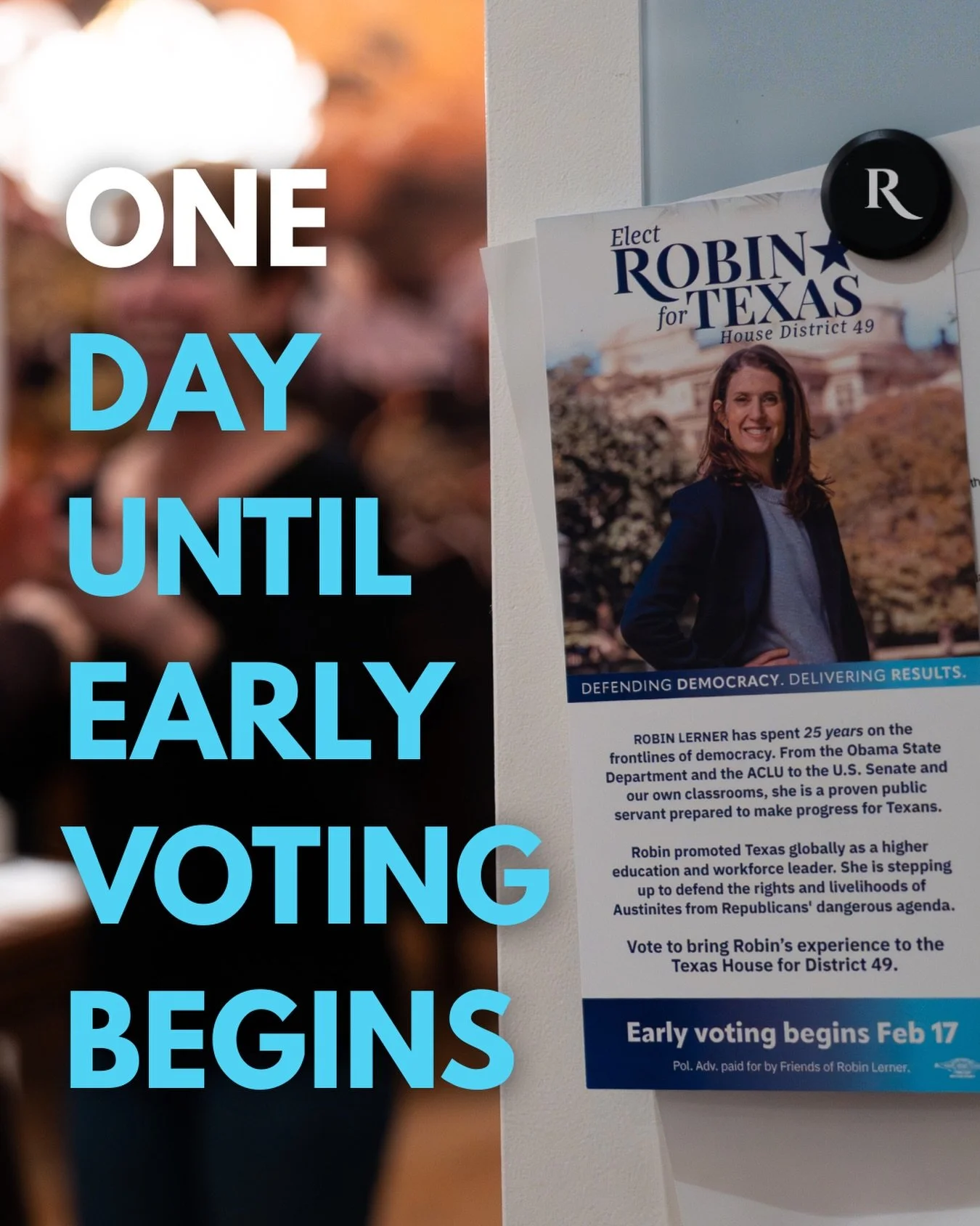 There is only ONE more day until early voting begins! 

If you haven&rsquo;t made your plan to vote, be sure to do so today. We&rsquo;ve been knocking on doors and calling constituents across the district and now it&rsquo;s the final stretch. We hope