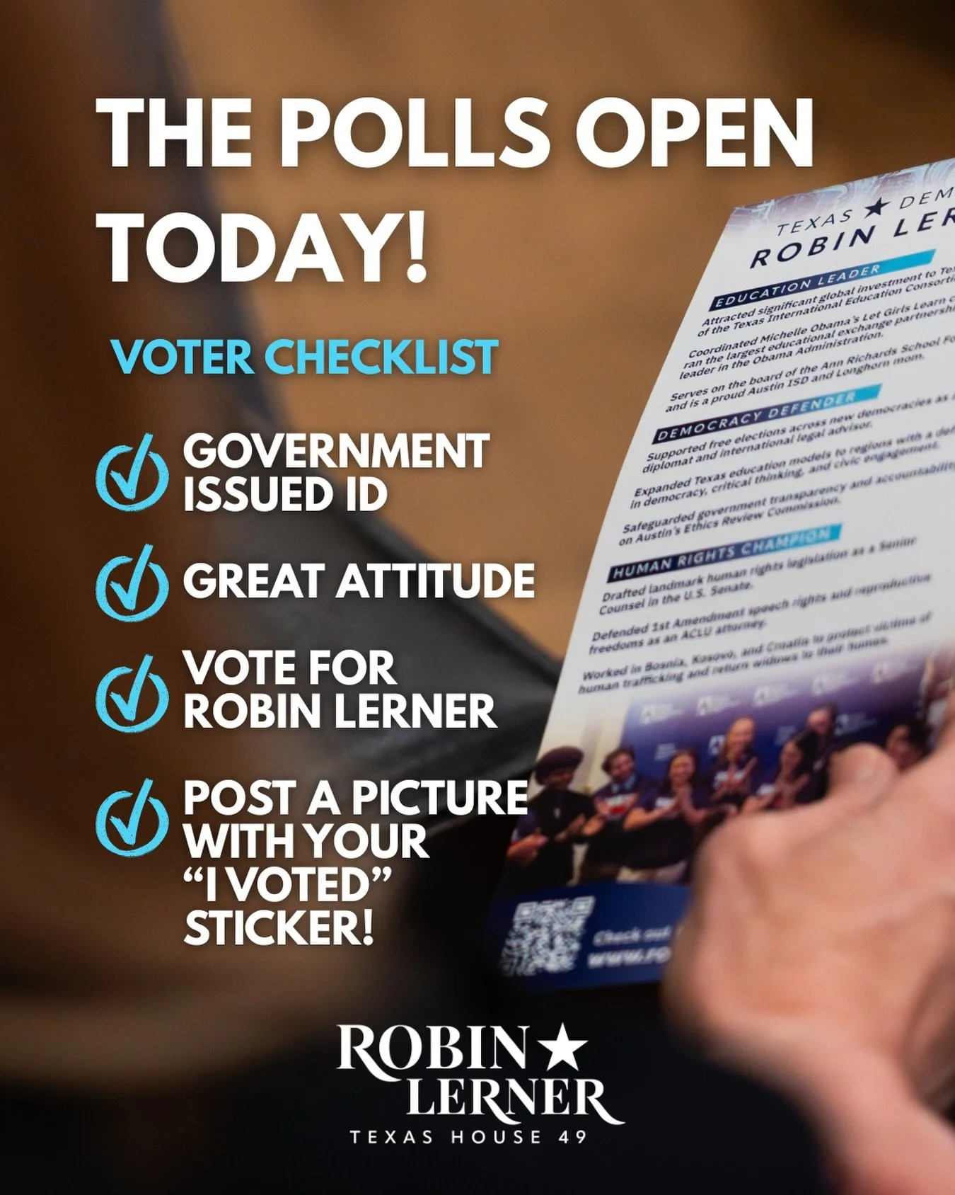 It&rsquo;s the time we&rsquo;ve all been waiting for. The polls are now open!!

As you head to your nearest polling station don&rsquo;t forget to bring your approved form of ID, a great attitude, a vote for ROBIN LERNER, and of course show off your e