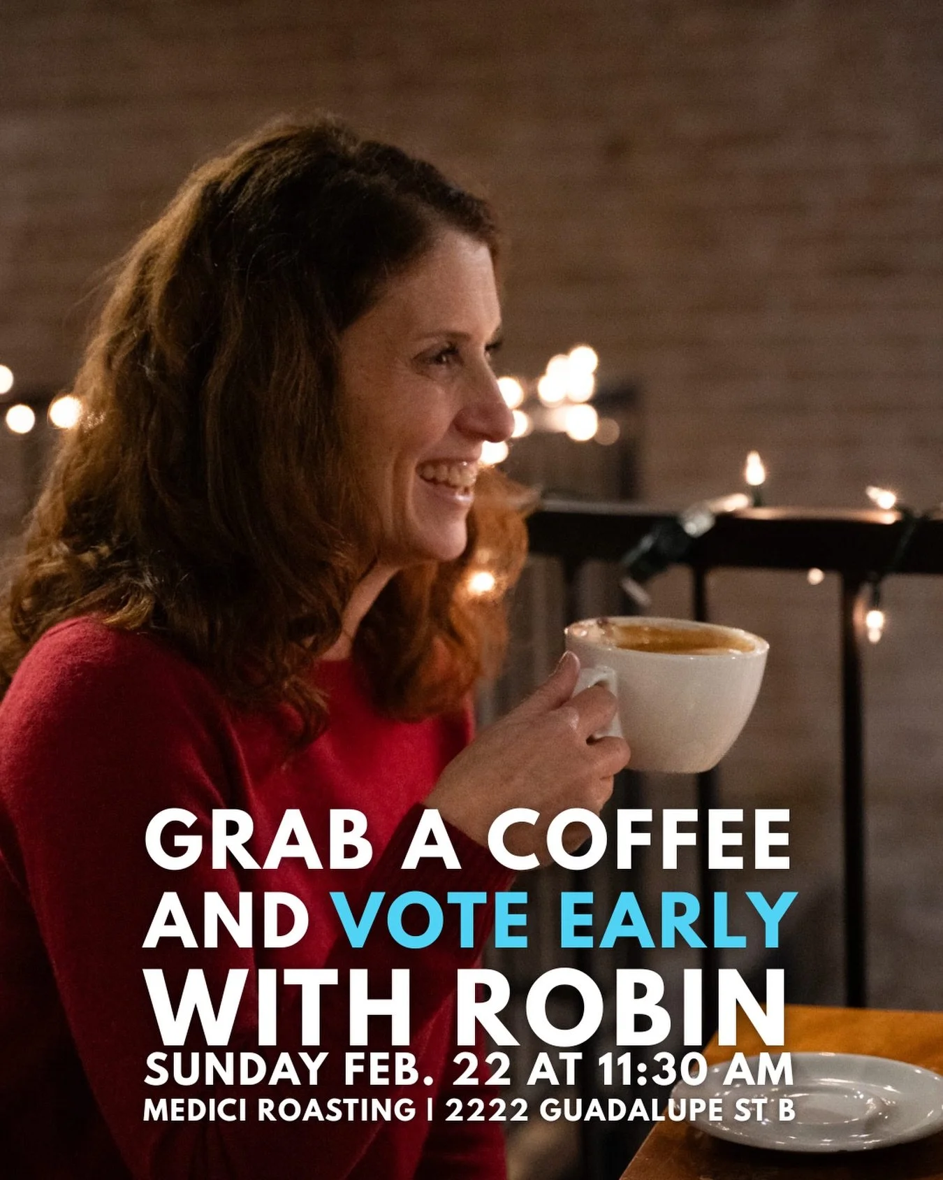 Grab a coffee and vote early with Robin! 

Join robin for a coffee chat to discuss the importance of early voting and voting, voting to keep our democracy intact, and other topics that come up!

See you there! 

#hd49 #robin4texas #txlege #robinlerne