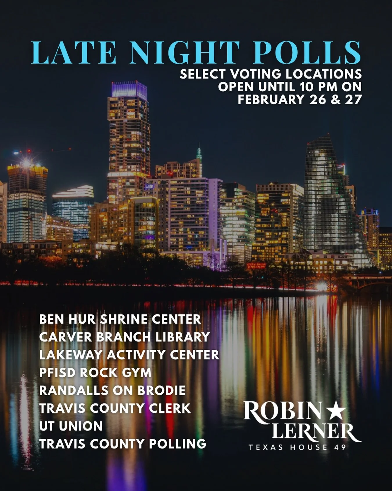On the last two days of early voting, Thursday, Feb. 26, and Friday, Feb. 27, seven early voting locations will be open until 10 p.m. Those locations are:

Ben Hur Shrine Center
Carver Branch Library
Lakeway Activity Center
PfISD Rock Gym
Randalls on