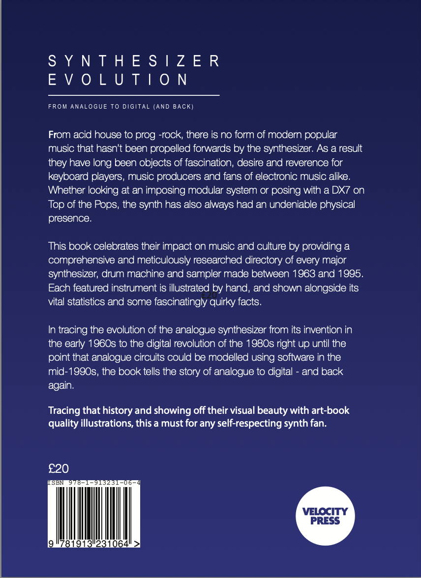 Back cover of a book titled 'Synthesizer Evolution' with a description about the history of synthesizers, a barcode, price, and publisher's logo 'Velocity Press'.