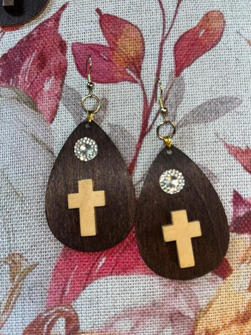 Hand Crafted Tan Cross Wood Earrings