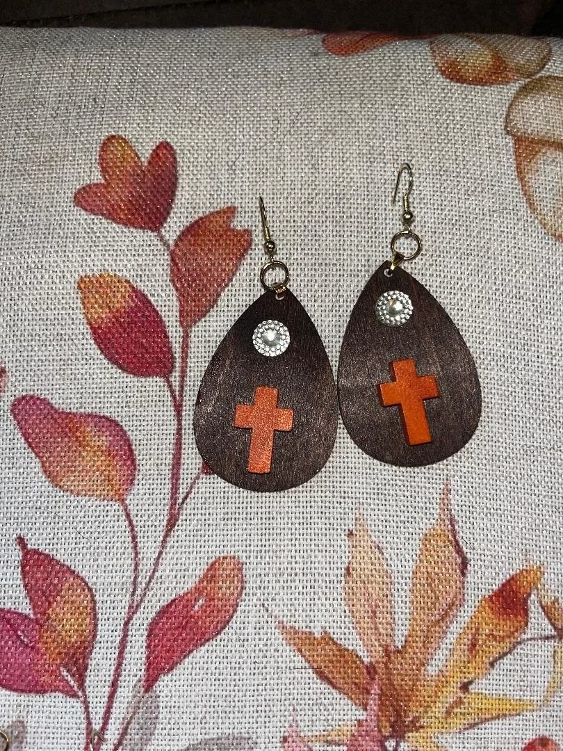 Hand Crafted Orange Cross Wood Earrings