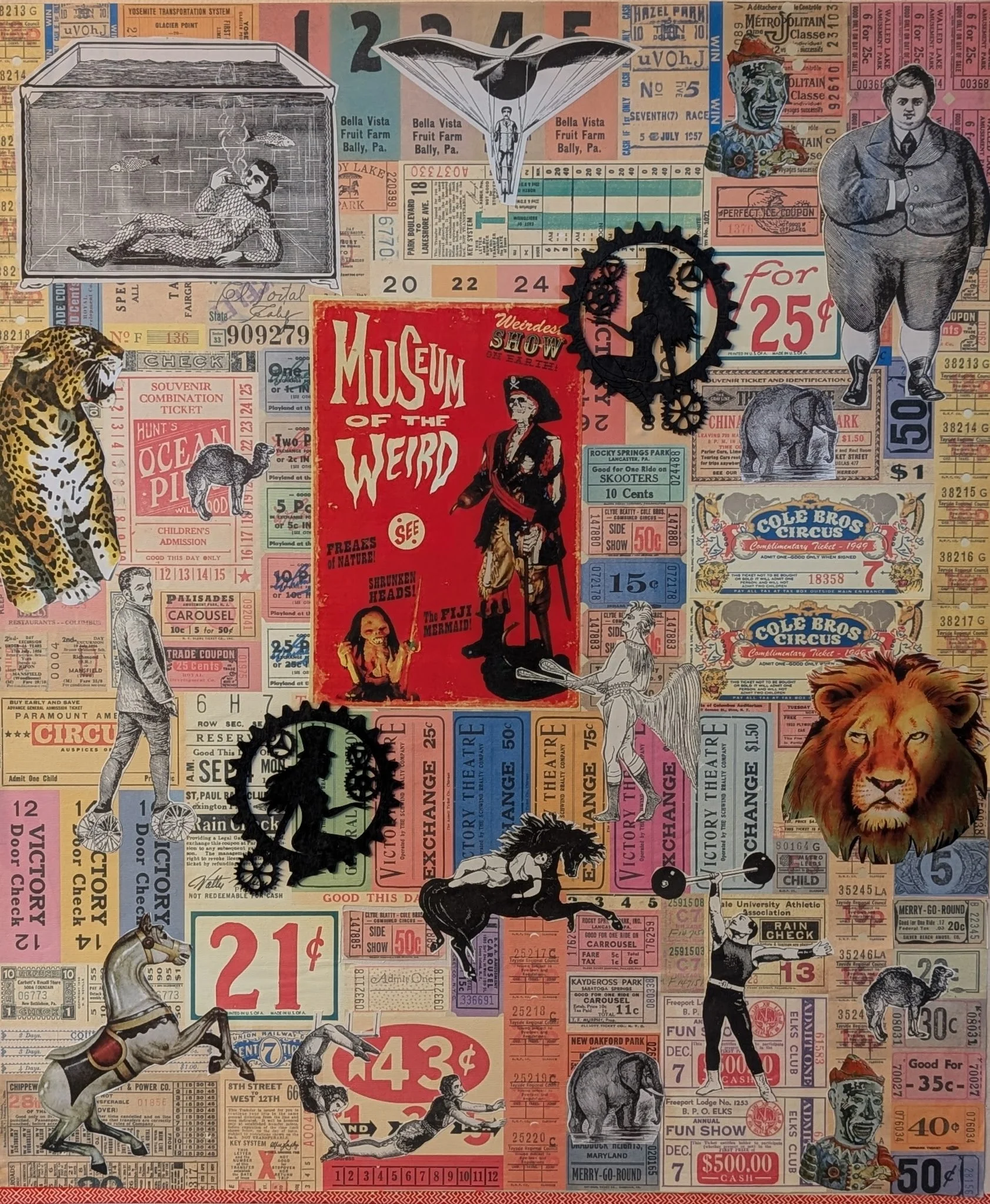 Under the Big Top is a nostalgic mixed media collage created on board, celebrating the magic, mystery, and spectacle of the vintage circus. Built from retro ticket stubs, classic circus imagery, and layered paper elements, this piece captures the fee
