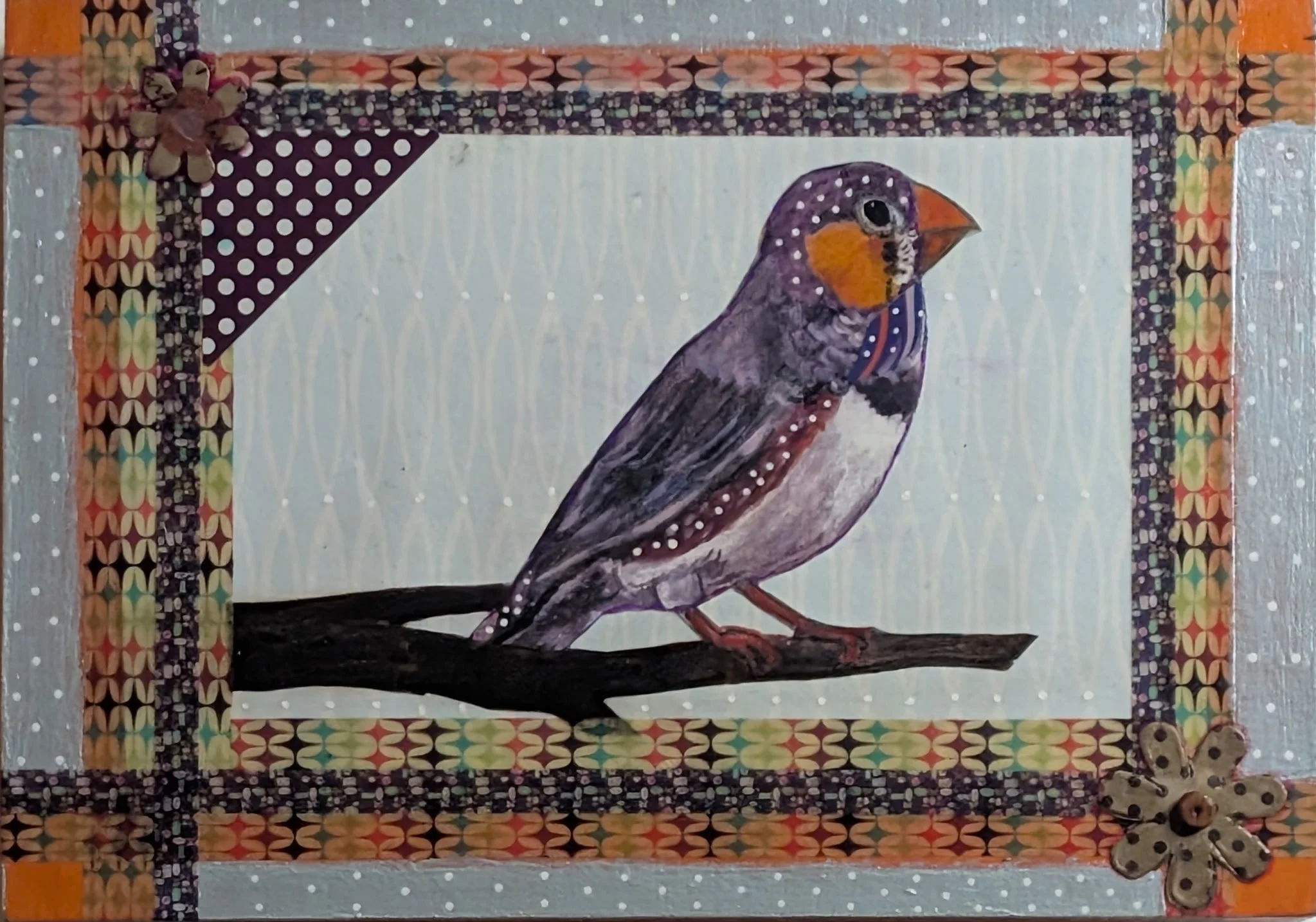 Spotted Finch is a 5x7 mixed media collage on board, featuring a charming finch perched on a branch, surrounded by patterned borders, polka dots, and layered textures. With its soft color palette and folk-inspired frame, this piece adds warmth and wh