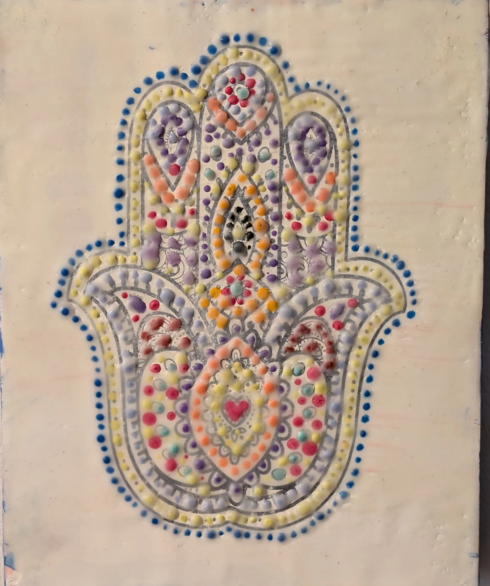 Hamsa for Protection is an 8x10 encaustic artwork on board that blends the ancient Hamsa symbol with the rhythmic flow of dot painting. Created with wax and colorful pigments, the piece has a raised texture and spiritual presence. Inspired by both th