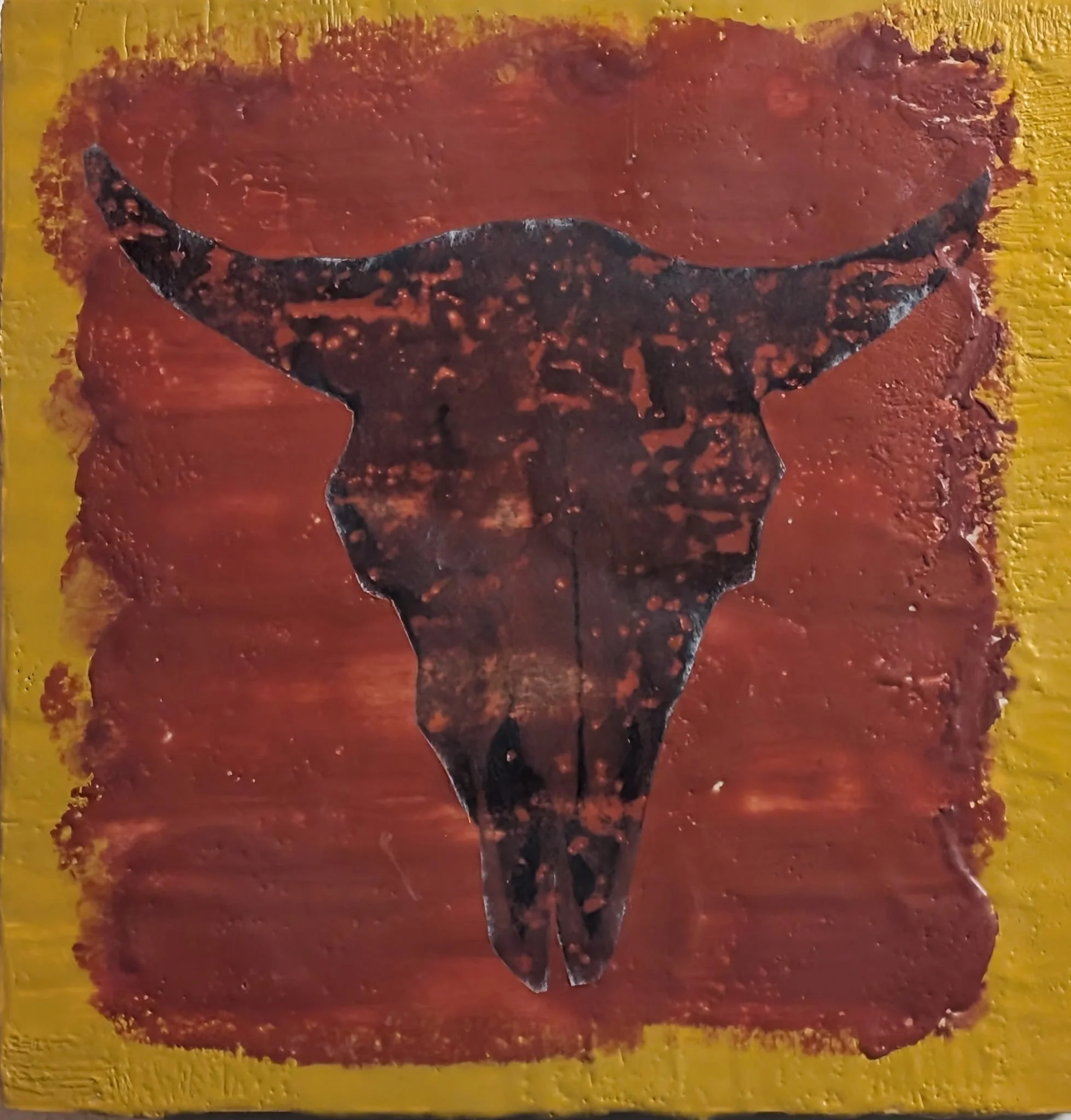 Steer Skull is a 6x6 encaustic painting on board that captures the raw, elemental power of the American West. Featuring a bold steer skull silhouette over rich desert-toned wax textures in rust and ochre, this piece radiates rustic strength and natur