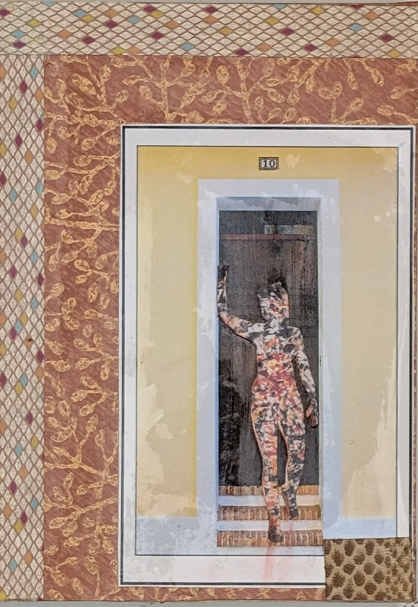 When Spirit Calls is a 5x7 mixed media collage on board, built around the moment of recognition between the physical world and the unseen realm. The figure—entirely composed of layered textures and imagery—emerges from a doorway marked "10," a subtle