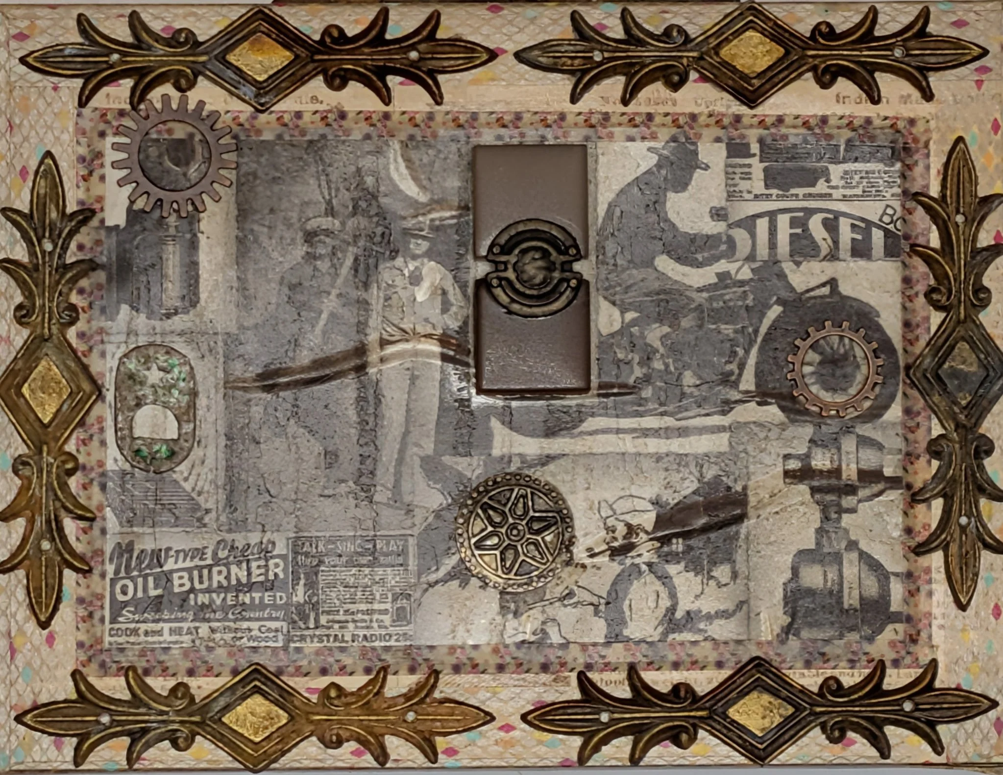 Rust World is a 6x8 collage on board blending weathered newspaper clippings, industrial imagery, and found mechanical elements into a bold steampunk visual. Gears, cogs, and old machine parts emerge from the textured grayscale backdrop featuring vint