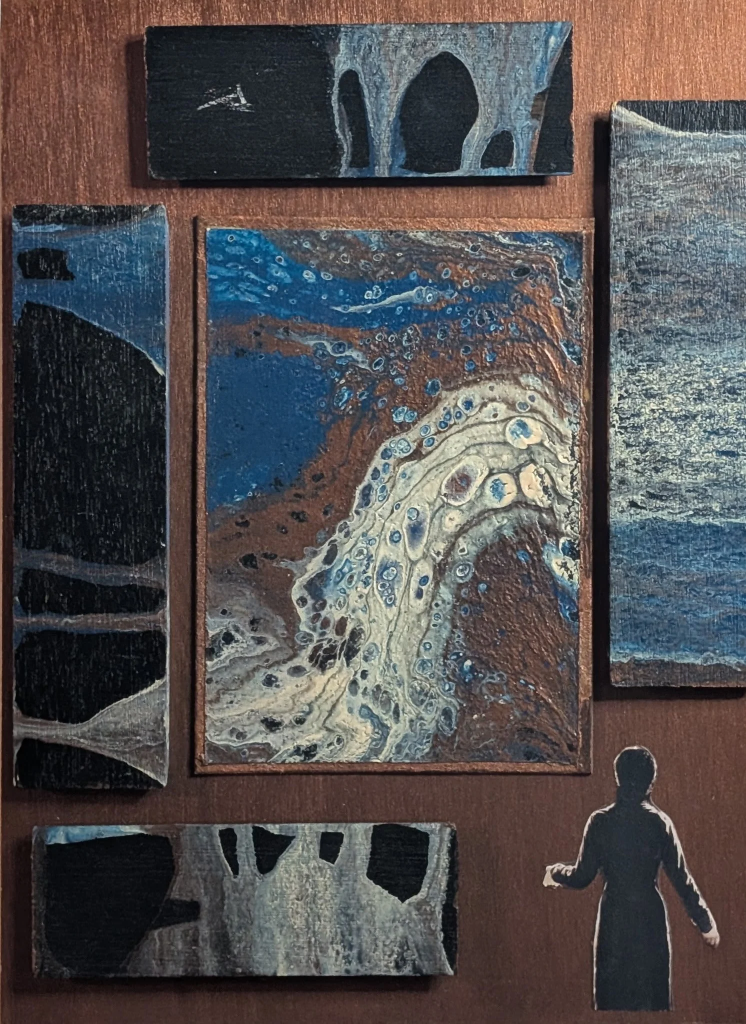 Observing My Thoughts is a 9x12 mixed media collage that captures the quiet act of self-reflection. With layered textures, dark swirling colors, and a lone silhouetted figure facing fragmented forms, this piece invites the viewer into the private ter
