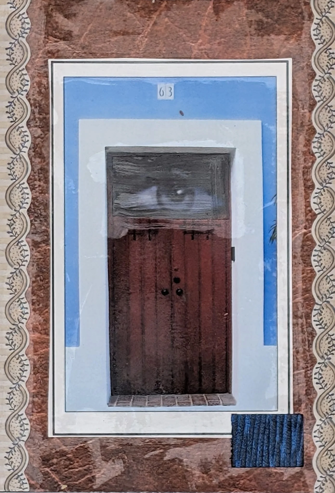 The Eye of Providence is a 5x7 mixed media collage that invites contemplation on the seen and unseen forces in life. The central doorway, set beneath the number "63," suggests a symbolic passage—its quiet redwood panels hiding mystery behind them. Ab