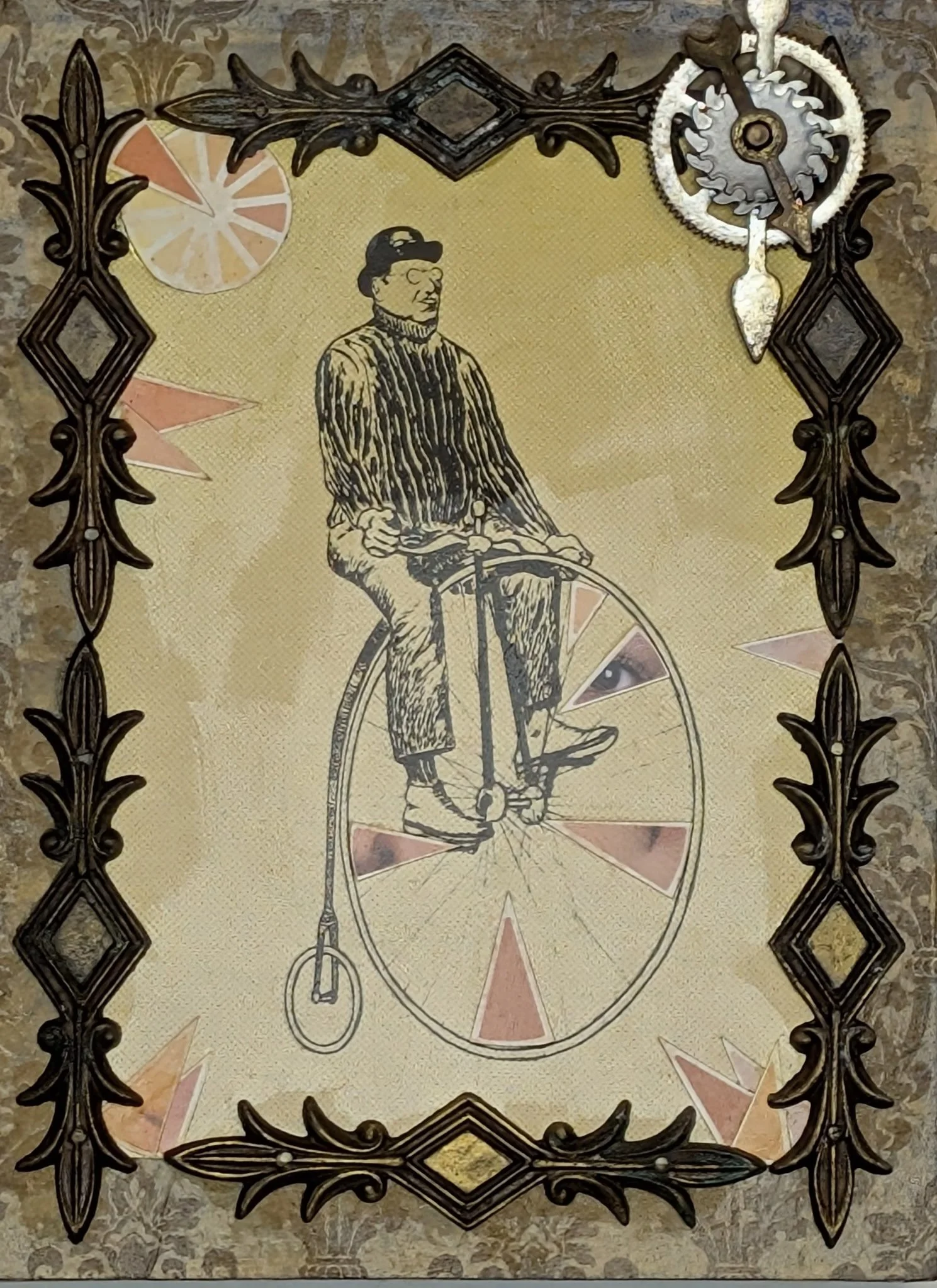 Steampunk Spin Cycle is a 6x8 mixed media collage by Maria Pahno that merges whimsical vintage imagery with tactile steampunk elements. At the center rides a stoic cyclist on a classic penny farthing, his ride powered by gear-driven curiosity and sur