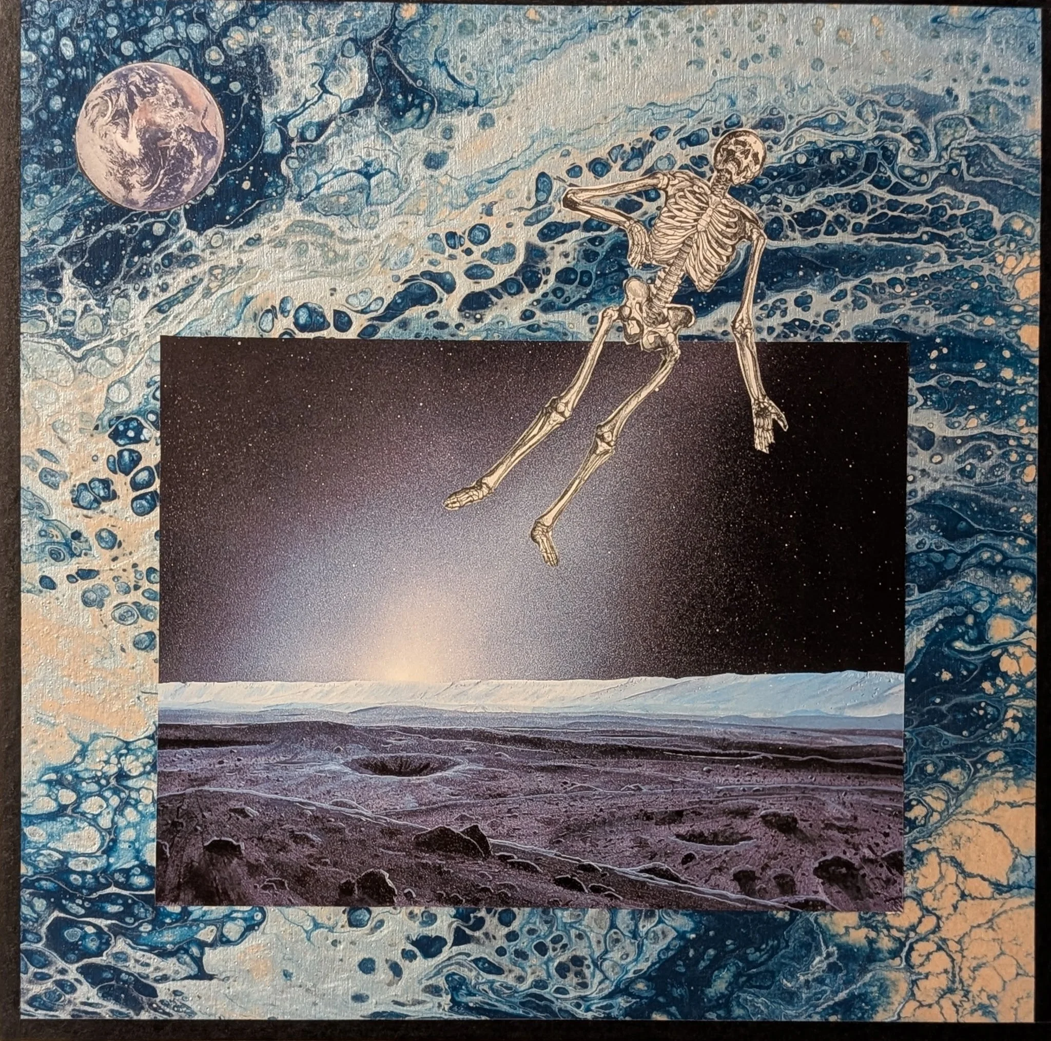Into the Ether is a 12x12 mixed media collage on board, using acrylic flow textures and cosmic photography to explore the question: Where do we go when we're gone? A lone skeleton drifts through space toward the void, symbolizing the mystery of death