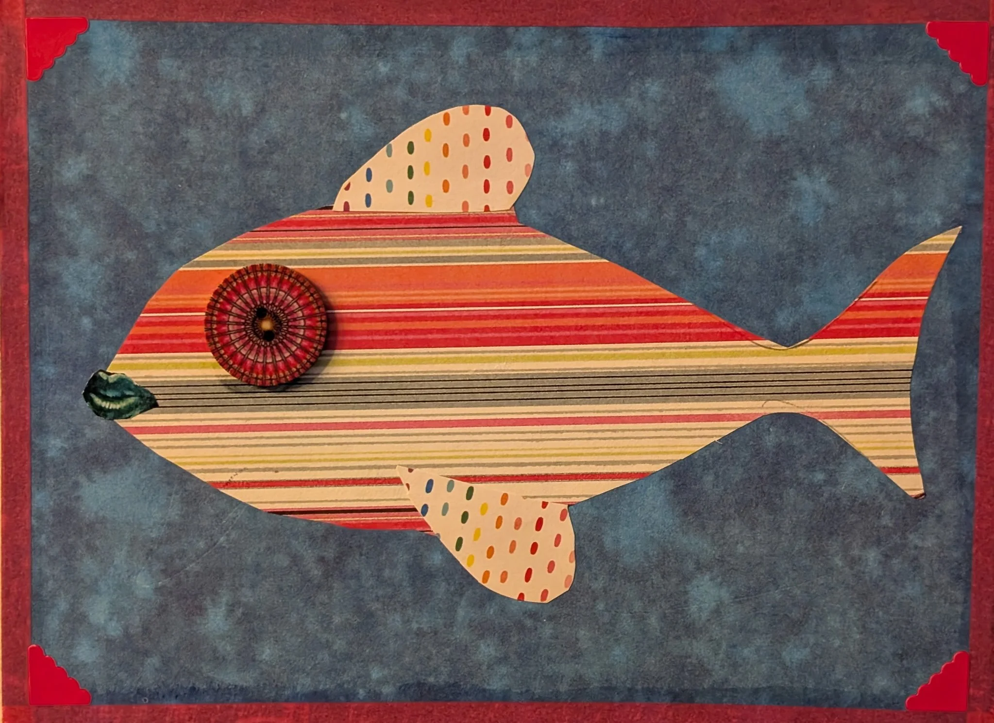 Hot Lips is a 5x7 collage on board featuring a bright, striped fish with personality. Complete with a bold red eye, puckered lips, and dot-pattern fins, this piece radiates playful energy. It’s part of a series of lighthearted sea creatures that mix 