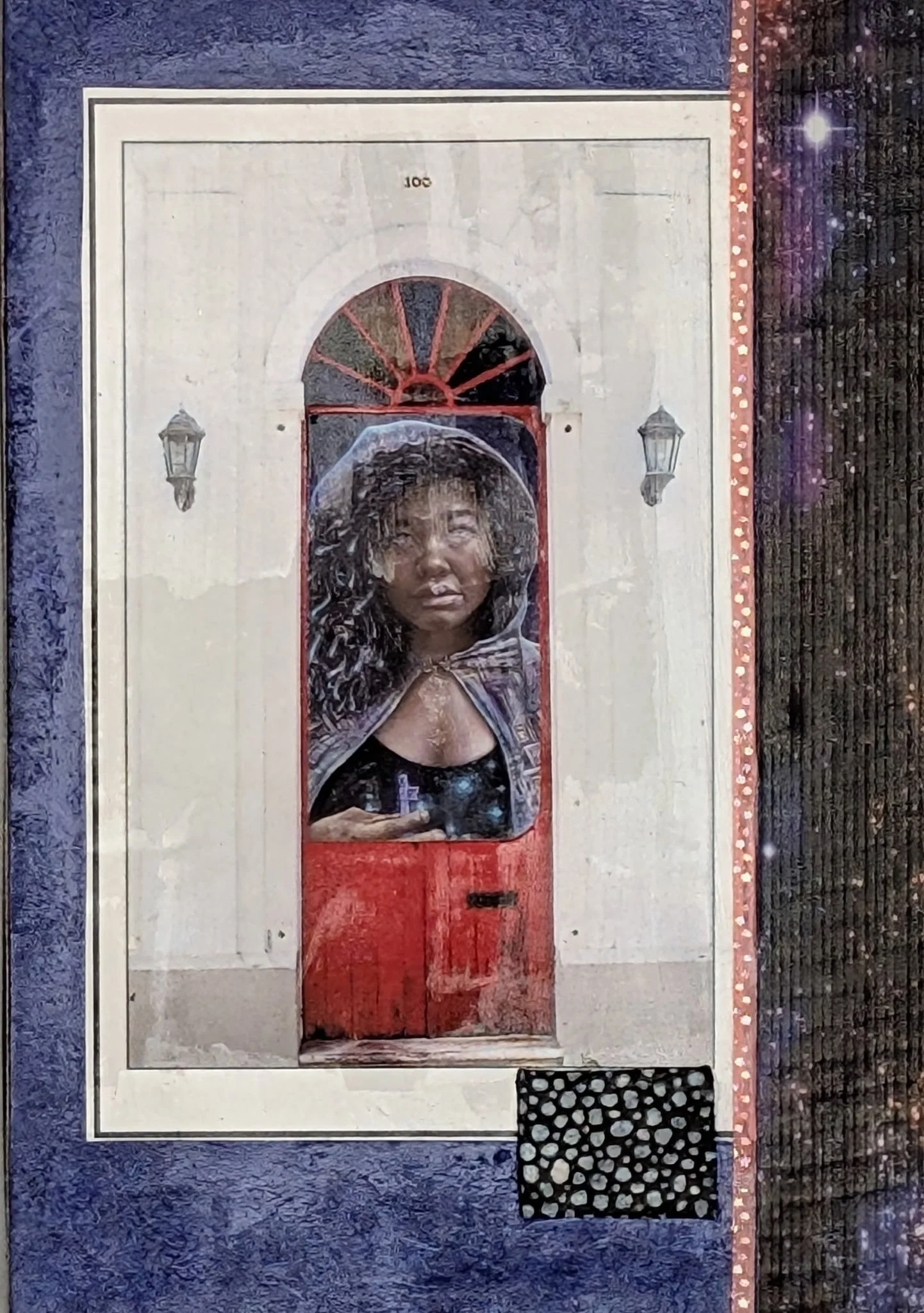 The Seer is a 5x7 mixed media collage by Maria Pahno, offering a bold portrait of feminine intuition and strength. Framed in cosmic textures and shadowy blues, a Black woman cloaked in mystery stares forward with the quiet authority of one who sees b