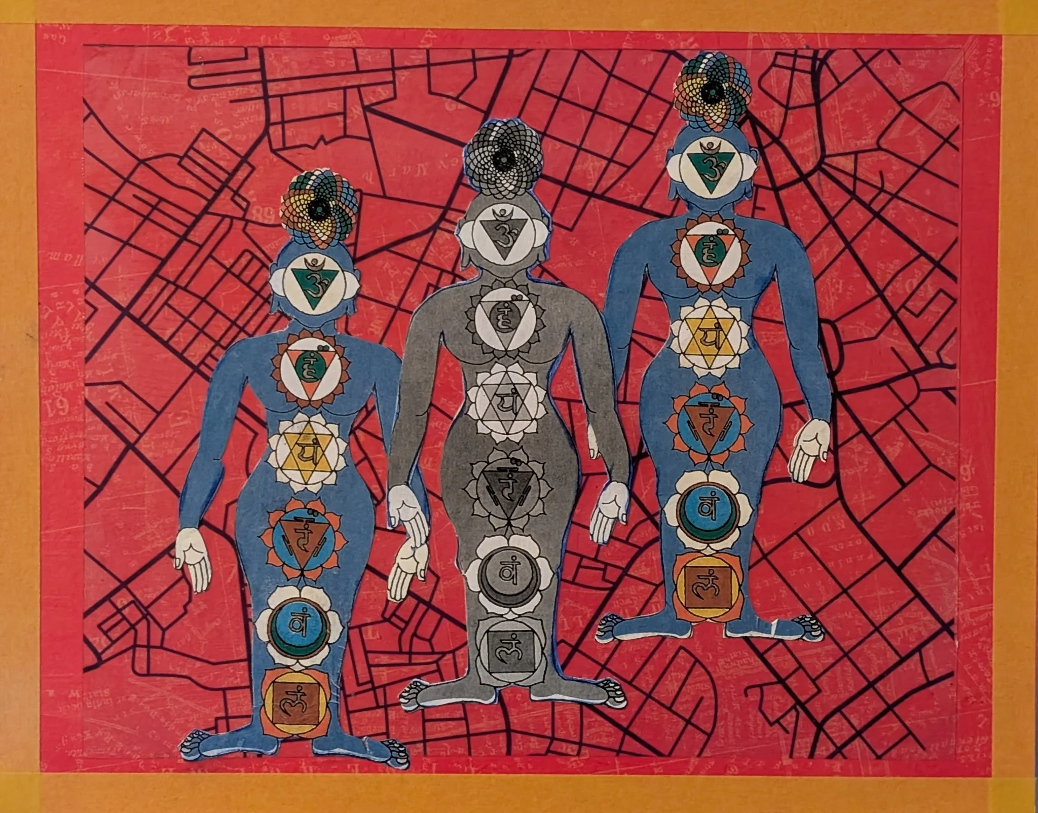 Replicated is an 8x10 mixed media collage on board that explores the idea of alternate selves and hidden versions of who we are. Set against a mapped, grid-like background, three human figures appear duplicated, each marked with chakra symbols and re