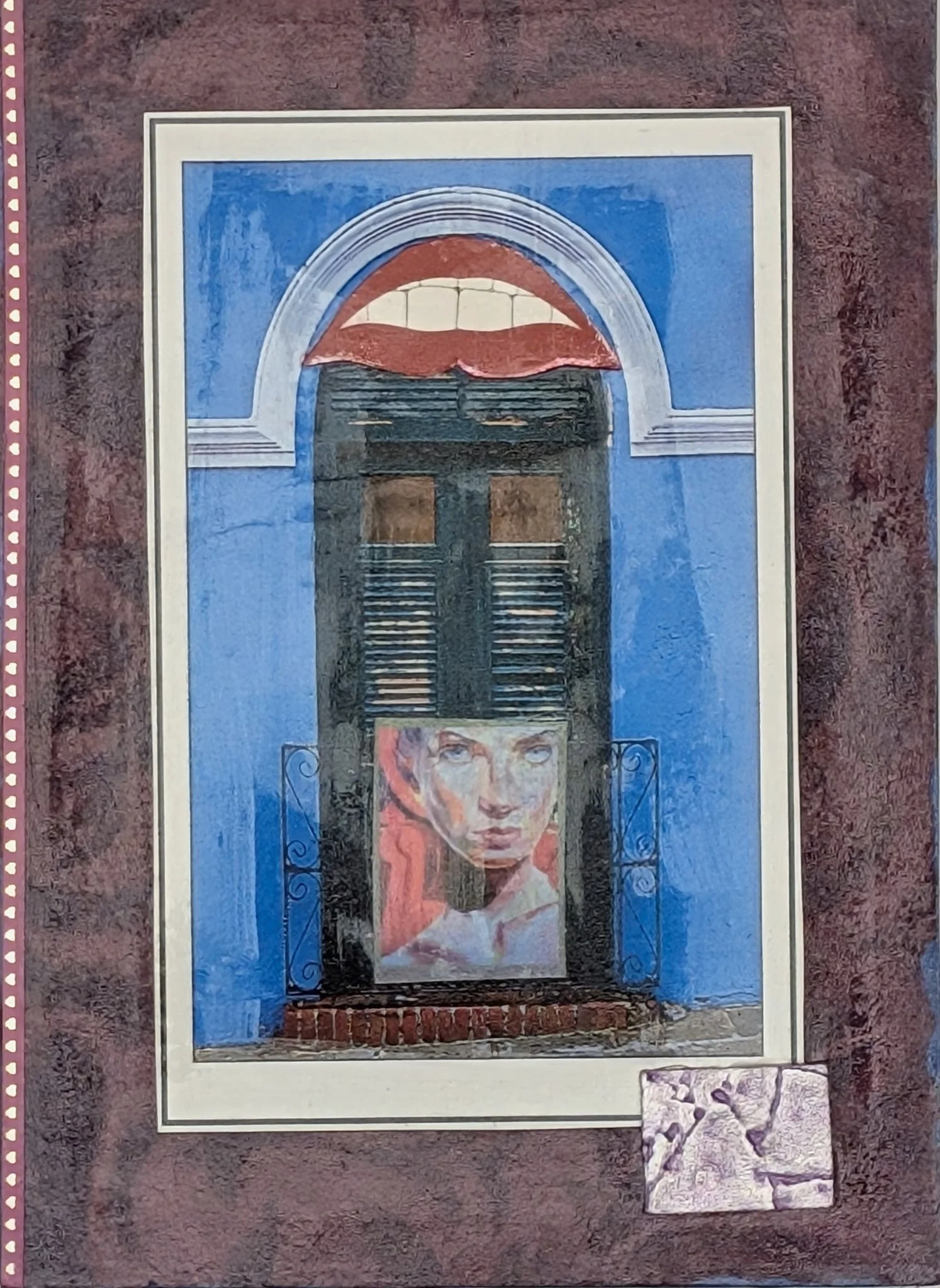 Misplaced Smile is a 5x7 mixed media collage by Maria Pahno that plays with perception and emotional contrast. A mysterious face peers out from behind shuttered windows, partially obscured yet powerful in its gaze. Above, a painted arch resembling li
