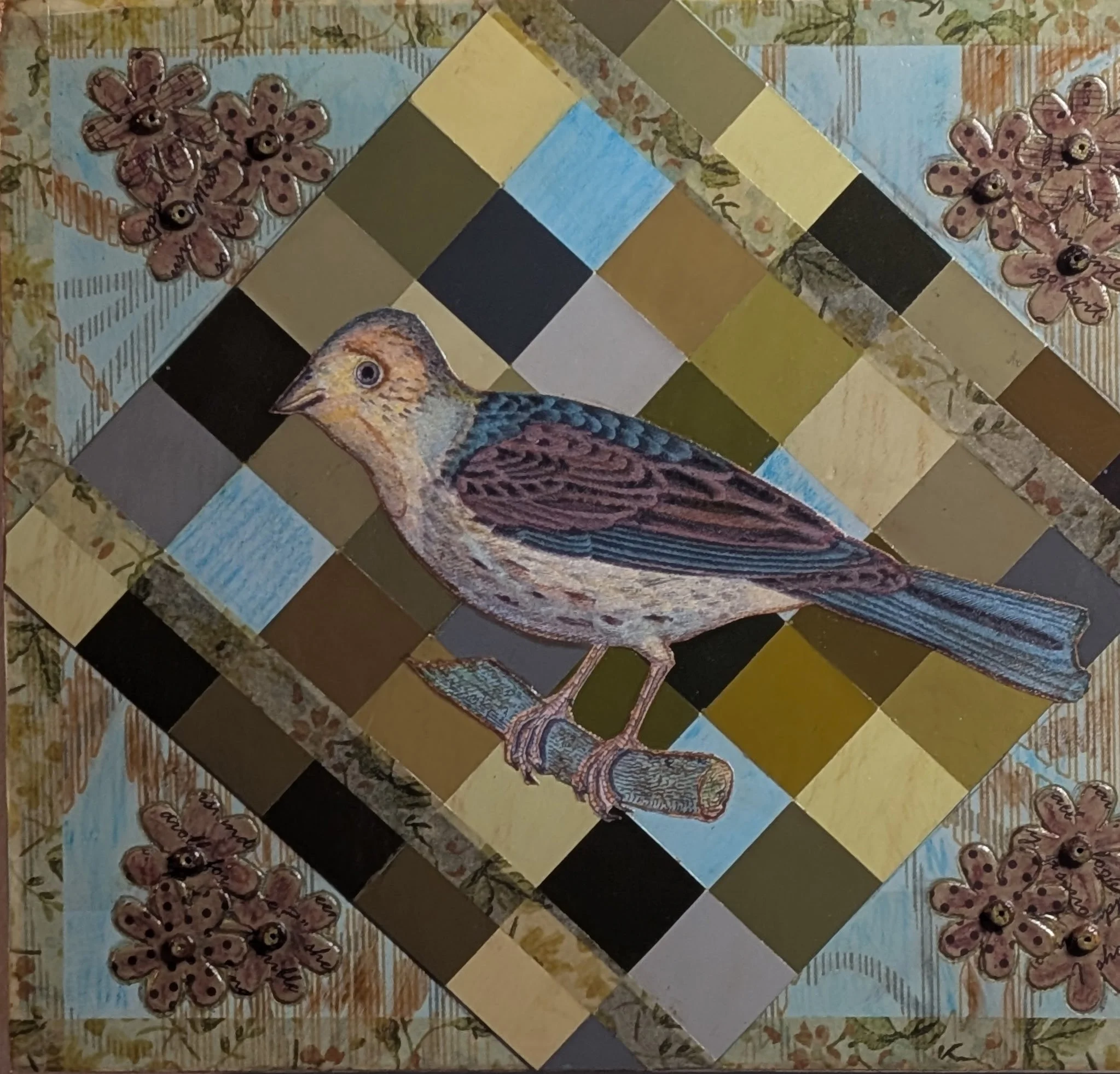Great Titmouse is an 8x9 mixed media collage featuring a beautifully detailed bird perched against a diagonal patchwork-style background. Created using layered paper, paint chip samples, and hand-cut elements, this piece blends natural charm with geo