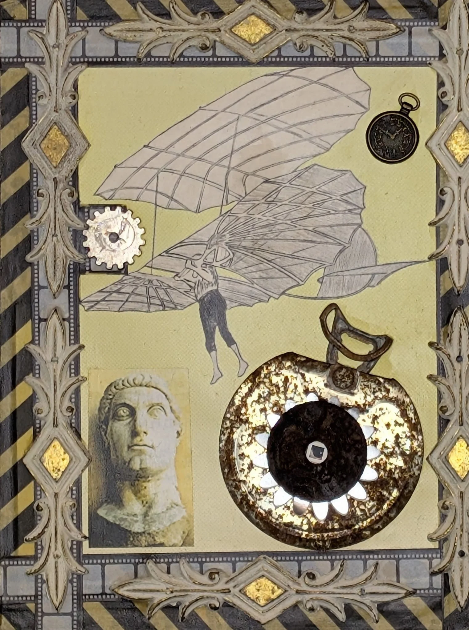 Flight Pattern is a 6x8 mixed media collage by Maria Pahno that blends aviation history, classical sculpture, and steampunk sensibility into a rich symbolic piece. The central figure floats with hand-drawn wings reminiscent of da Vinci’s flight studi