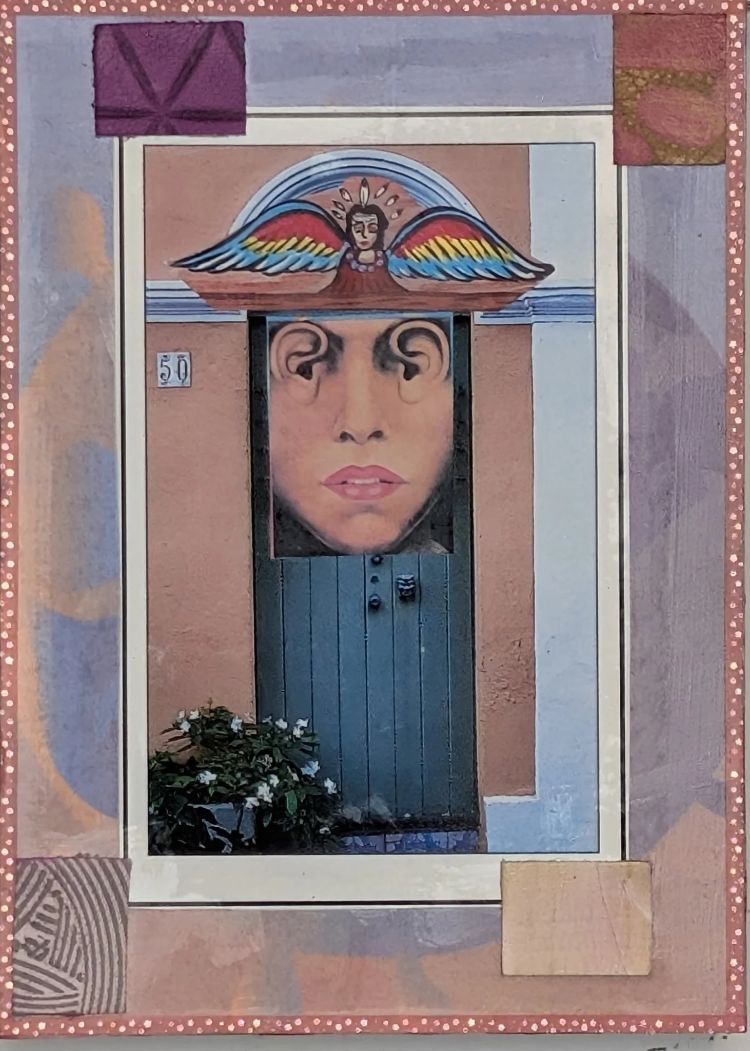 Eye Hear You is a 5x7 collage on board by Maria Pahno that blends surreal portraiture with whimsical architecture. A serene face emerges from a doorway, its ears curling into spirals where eyes would be—challenging perception and inviting reflection.