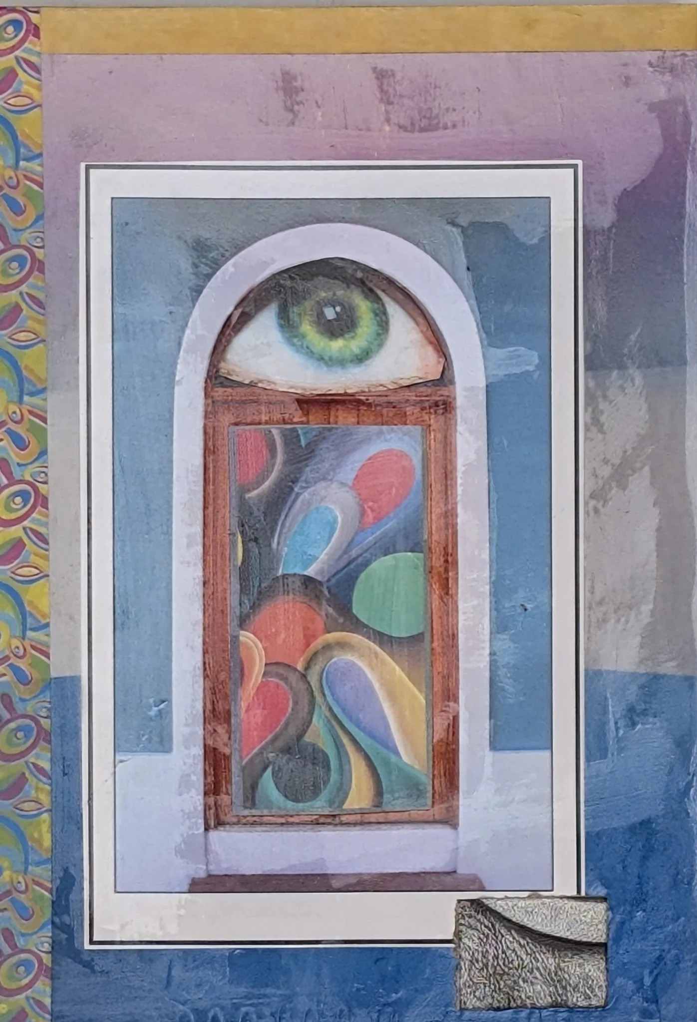 Always Look Up is a 5x7 collage on board by Maria Pahno that invites reflection and wonder through vivid surrealism. A bright green eye rests in a window’s arch above a cascade of colorful, abstract forms—like emotions or thoughts swirling in motion.