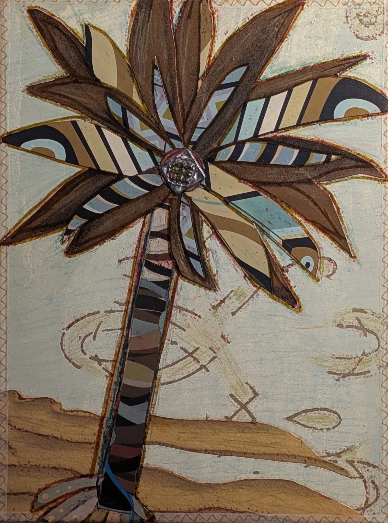 Tribal Palm is a 9x11 mixed media collage on canvas featuring a stylized palm tree made of layered patterns, cut paper, and earthy textures. With warm tones and tribal-inspired details, this piece blends island energy with abstract design. Perfect fo