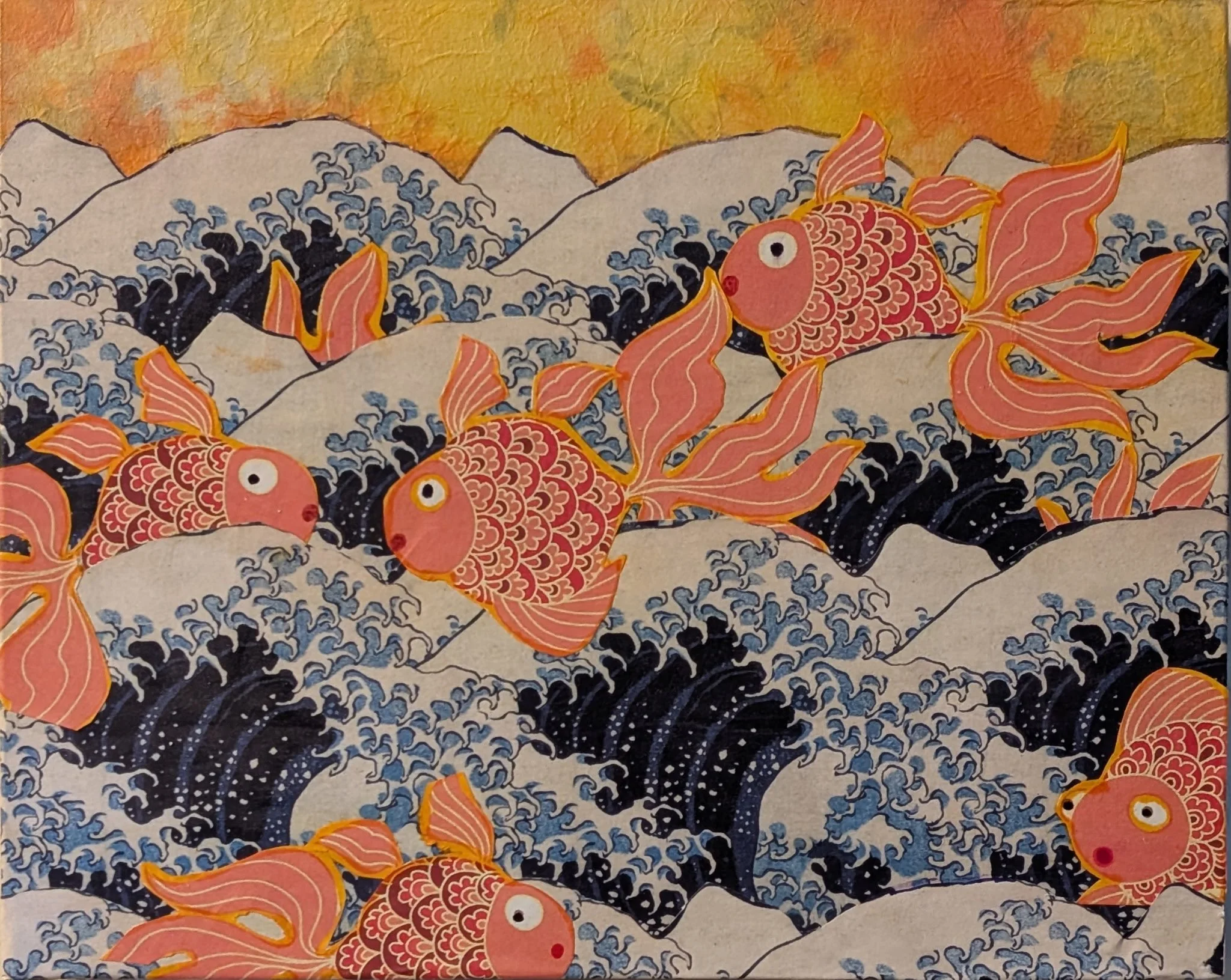 Goldie and Friends is an 8x10 mixed media collage on board that blends bold waves, colorful fish, and playful energy. Inspired by traditional Japanese art and fantasy ocean scenes, this piece features a lively group of goldfish swimming through styli